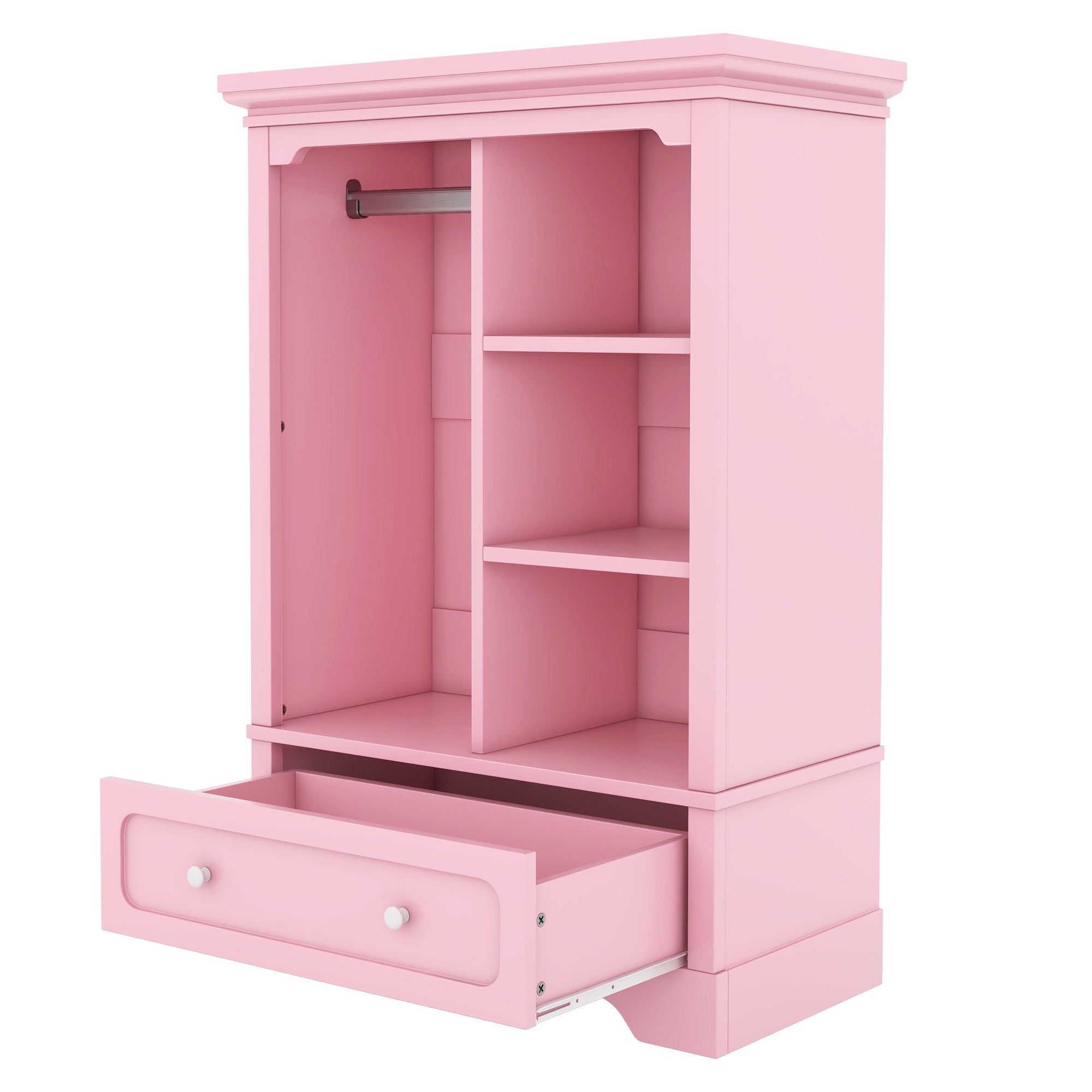 JXXRZ Kids Bedroom Armoire with Hanging Rod & XL Drawer - Montessori-Friendly Pink Wardrobe, Modern Nordic Nursery Decor