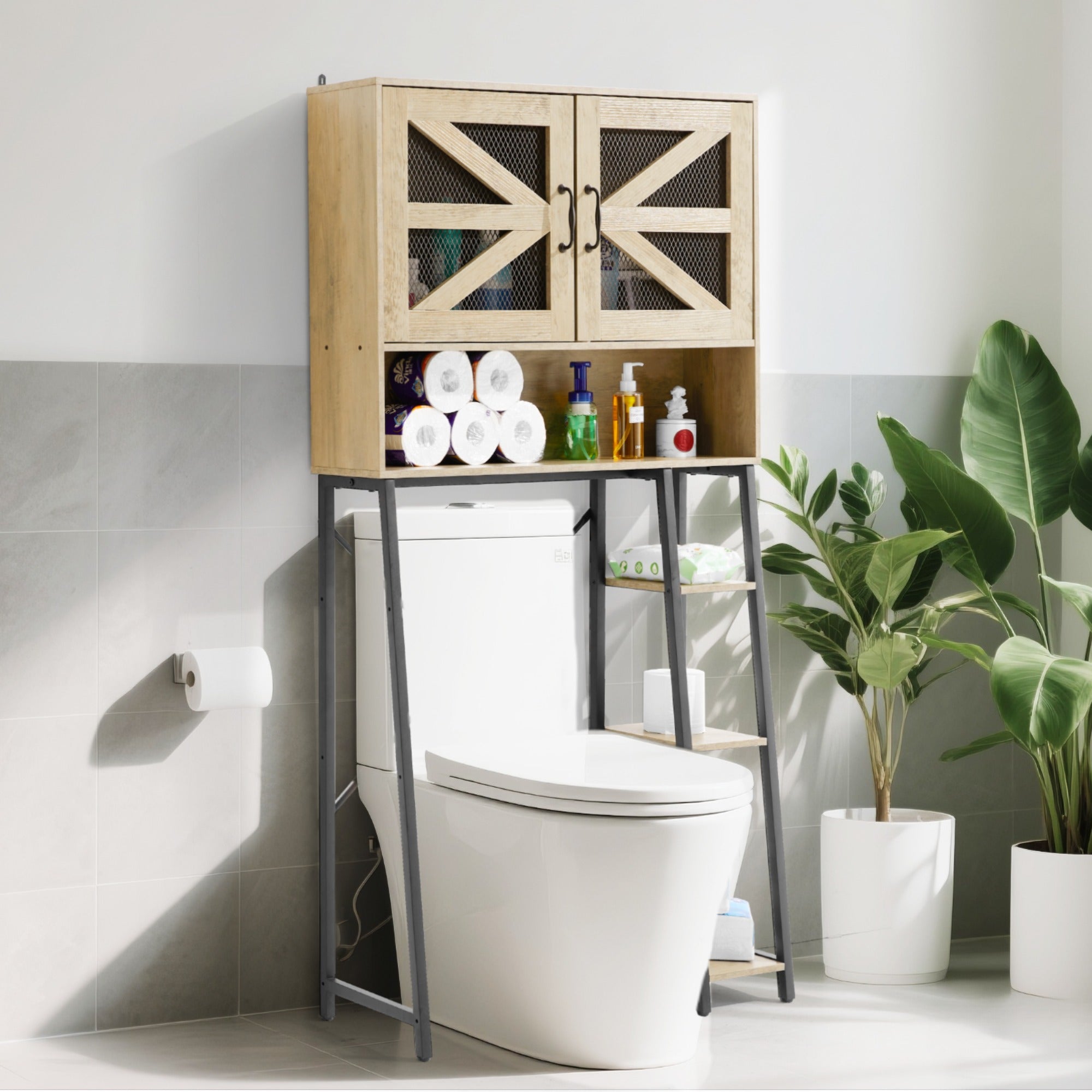 JXXRZ 61" Tall Over Toilet Storage Cabinet w/ Barn Doors, Side Shelves, Sturdy Over-Toilet Shelf Unit for Bathroom, Laundry