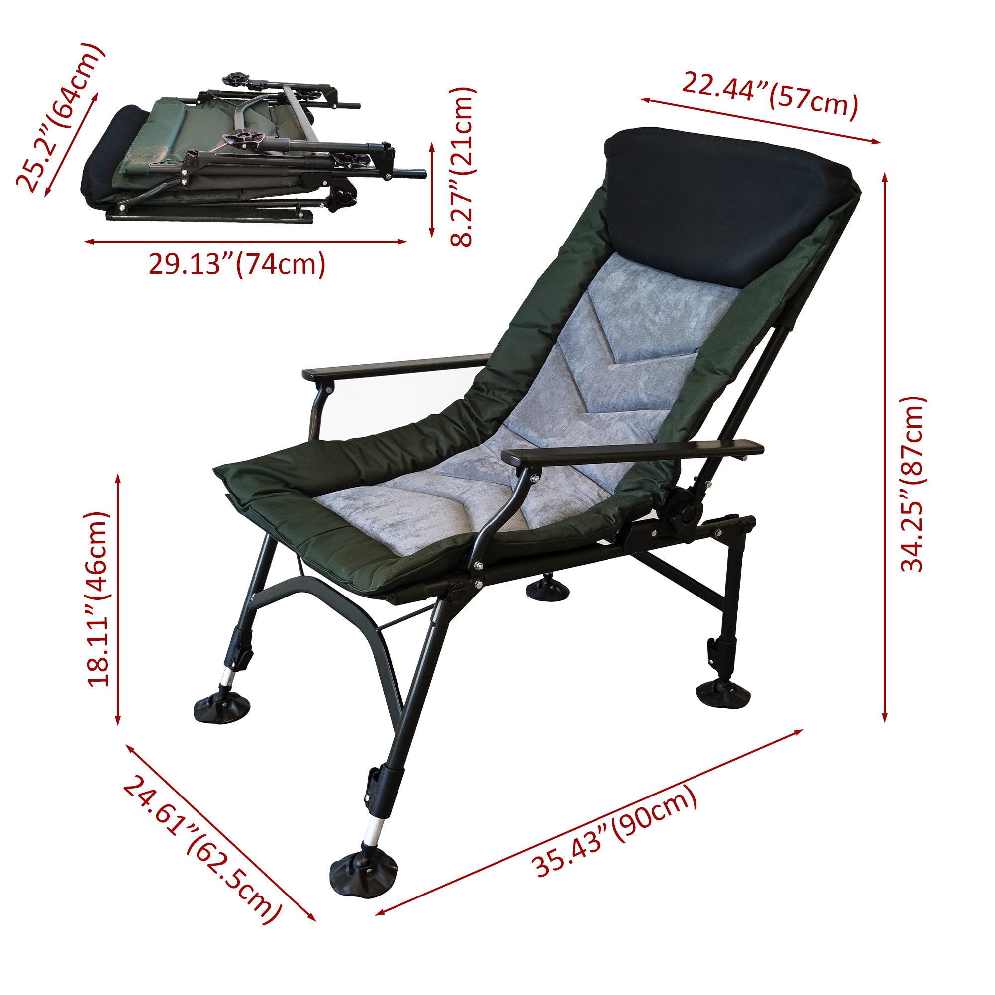 JXXRZ Reclining Camping Chair with Adjustable Backrest, Portable Lounge Chair for Indoor Outdoor Beach Camping, Grey/Green