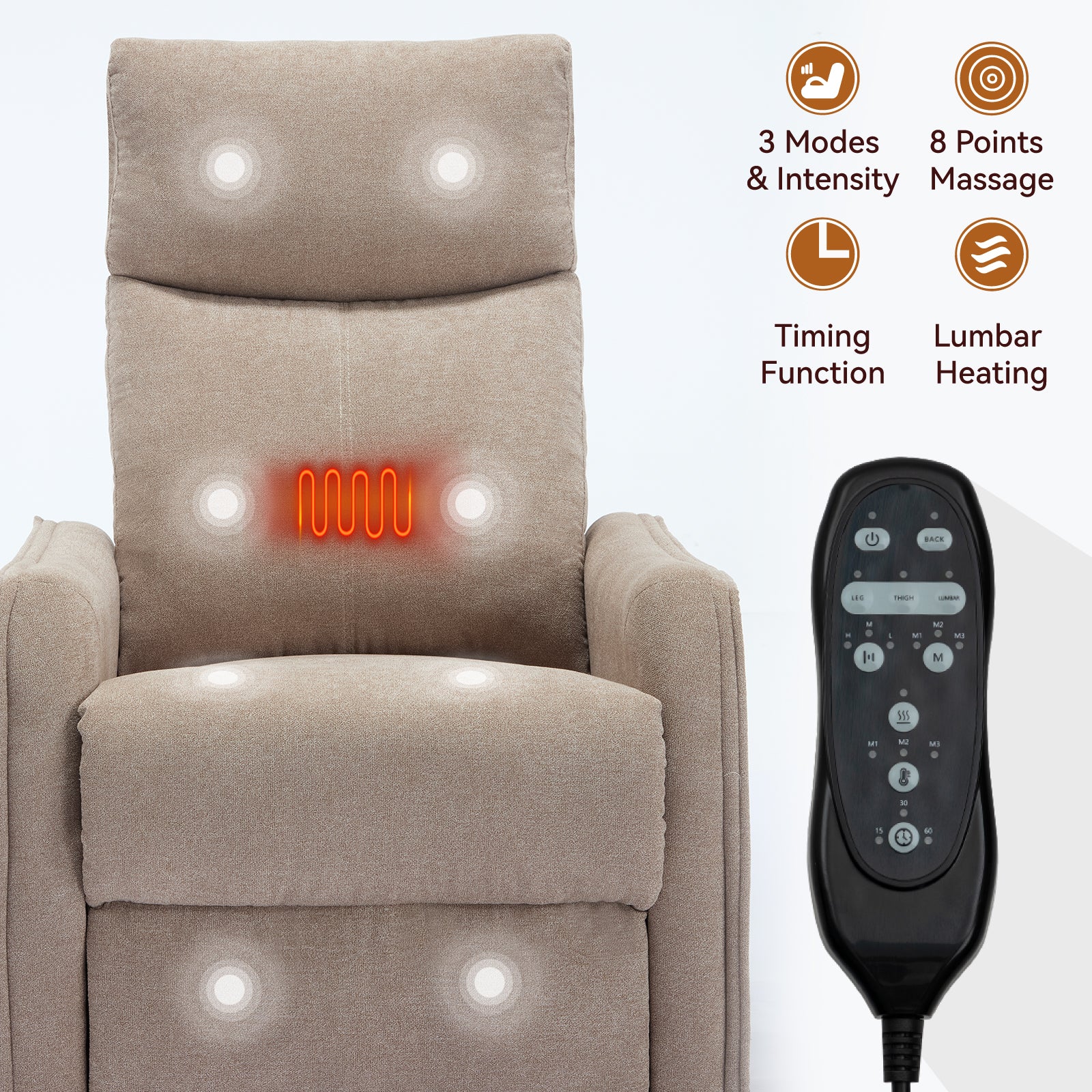 JXXRZ Heated Massage Swivel Rocker Recliner Chair w/ Manual Recline & Breathable Fabric, Khaki