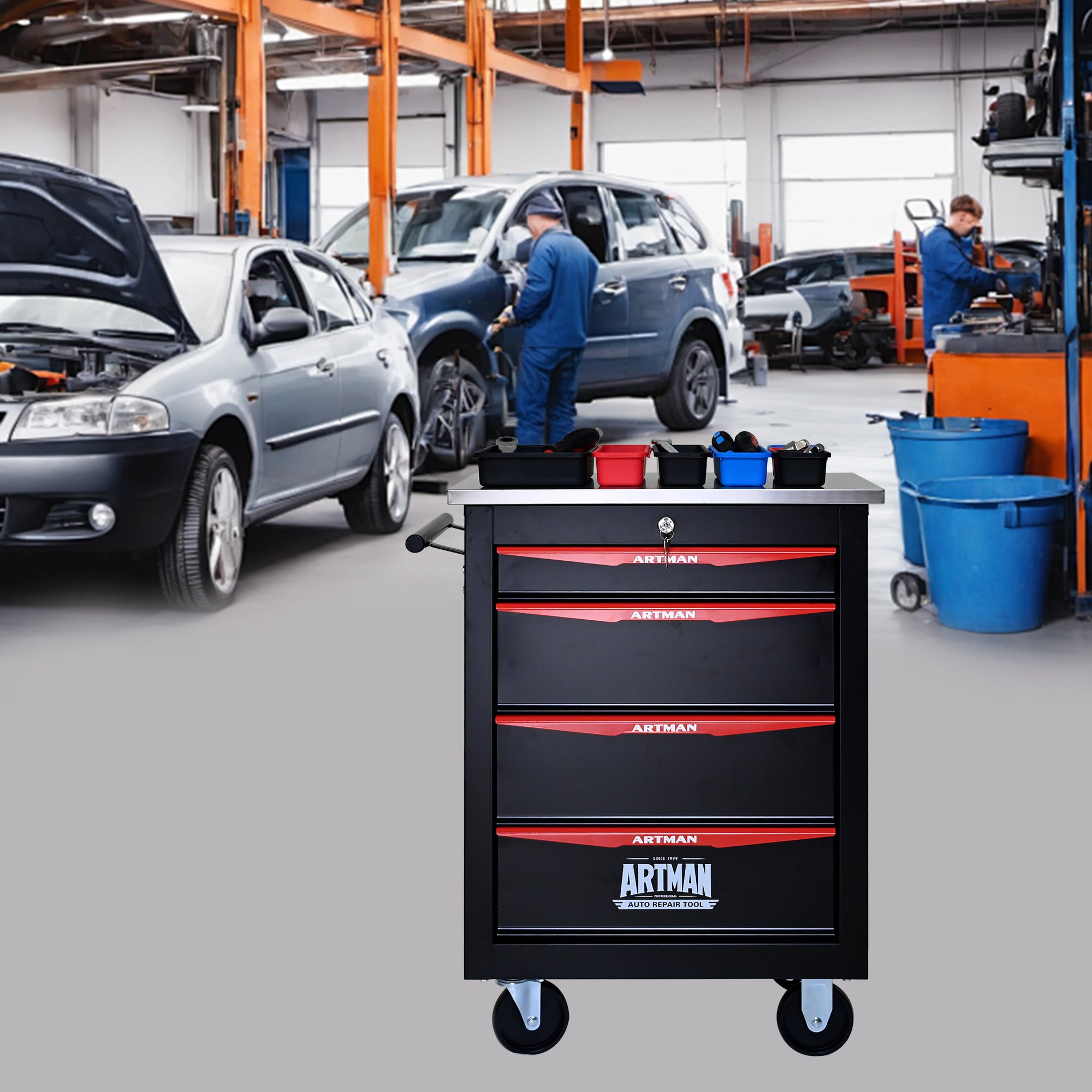 JXXRZ 4-Drawer Rolling Tool Cart with Wheels, Stainless Steel Top & Lock for Garage Workshop, Black&Red
