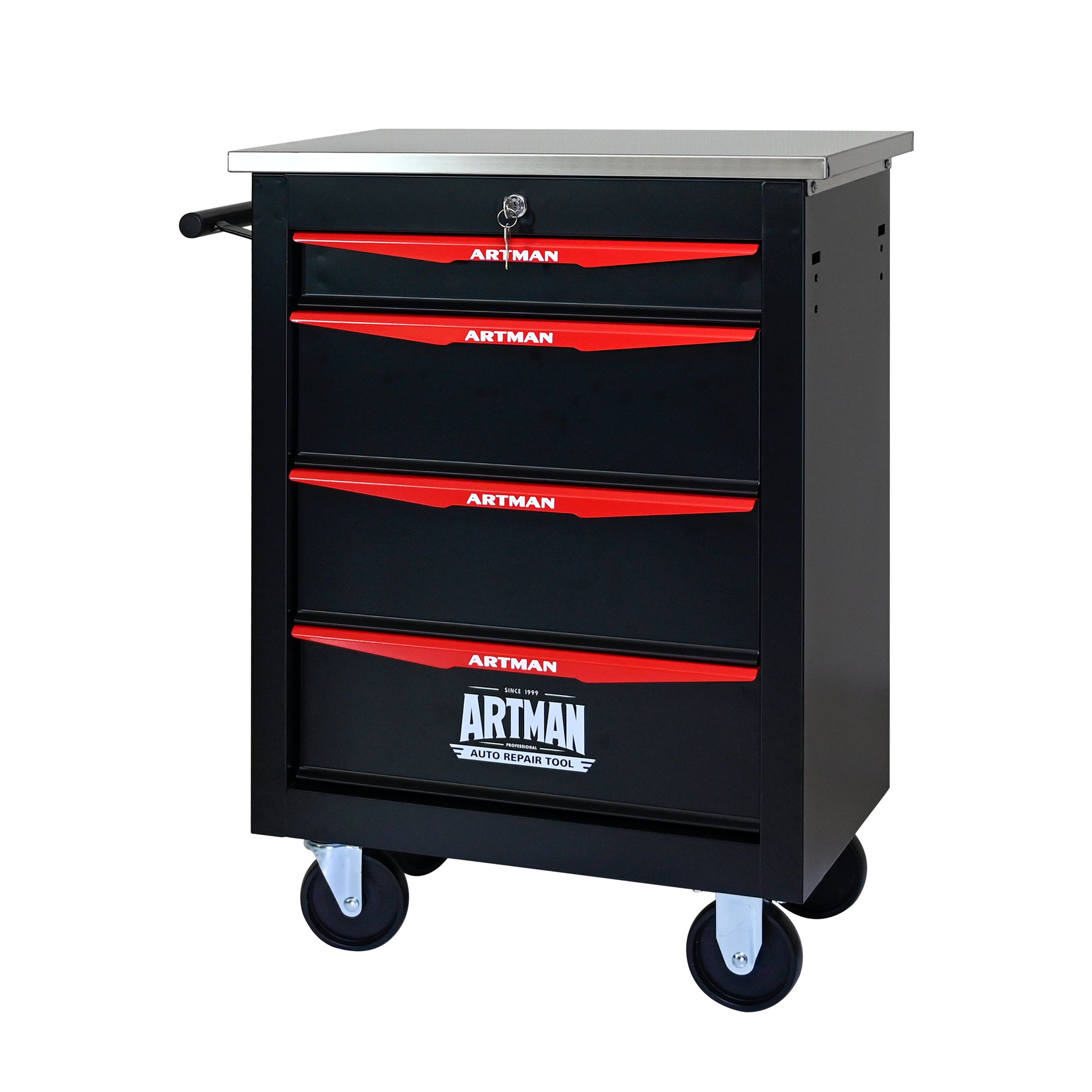 JXXRZ 4-Drawer Rolling Tool Cart with Wheels, Stainless Steel Top & Lock for Garage Workshop, Black&Red