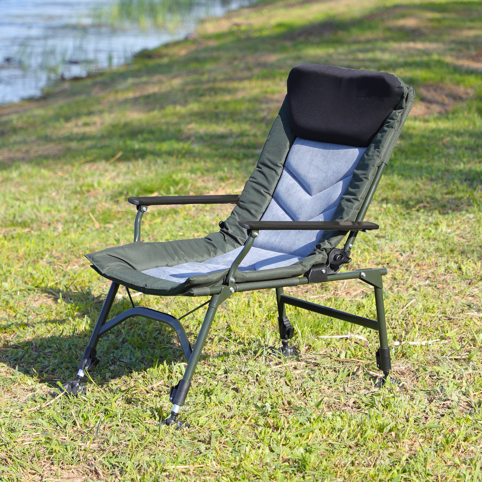 JXXRZ Reclining Camping Chair with Adjustable Backrest, Portable Lounge Chair for Indoor Outdoor Beach Camping, Grey/Green