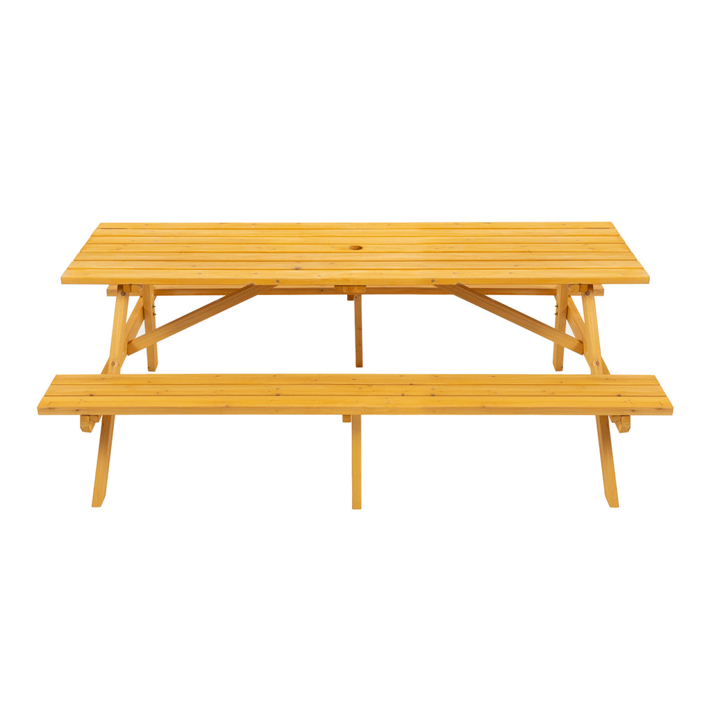 JXXRZ 8-Person Rectangular Outdoor Wooden Picnic Table w/ 2 Built-In Benches, 2220lb Capacity - Natural
