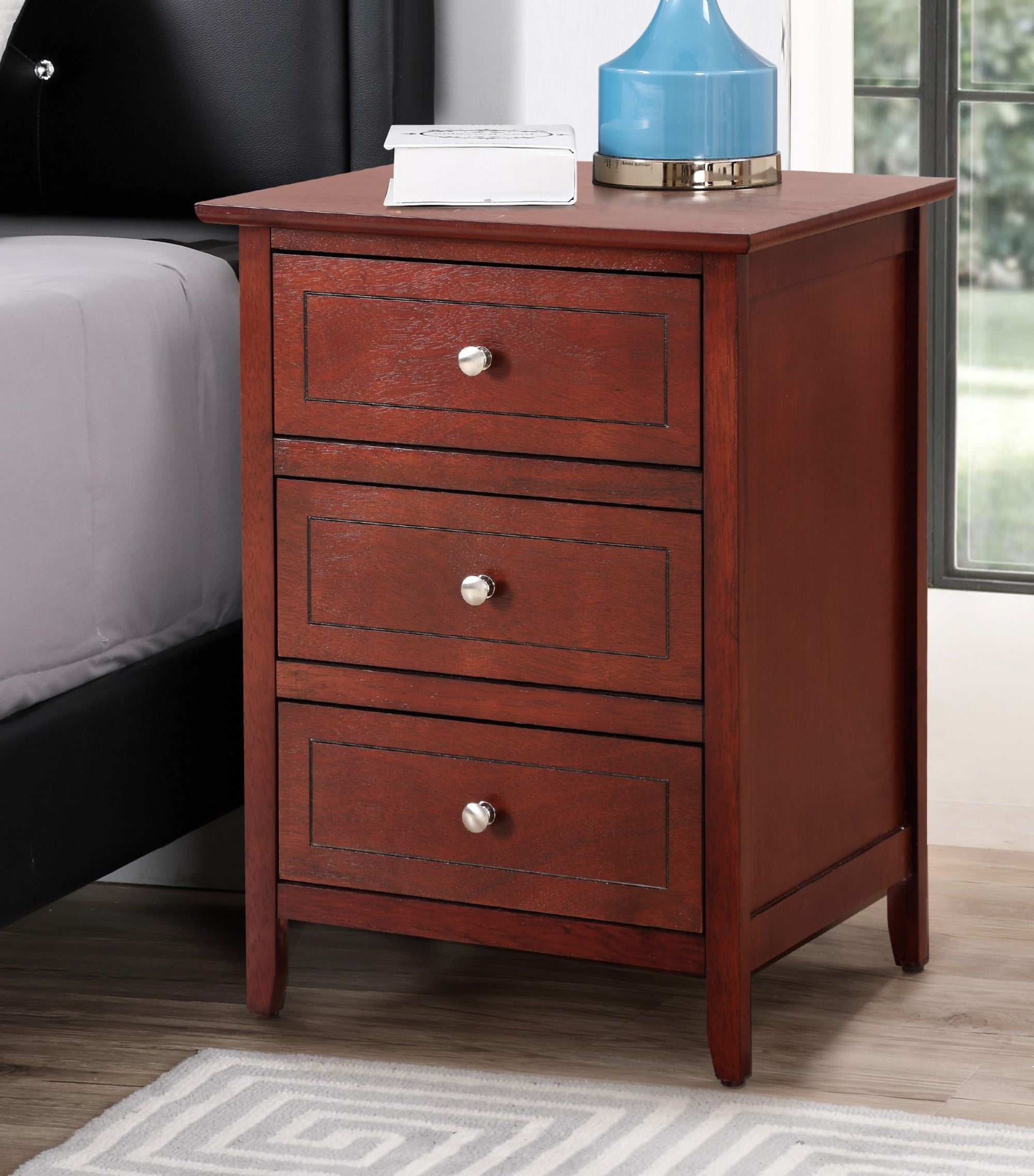 JXXRZ Cherry Transitional Nightstand with 3-drawer, Farmhouse Nightstand for Living Room Bedroom Furniture