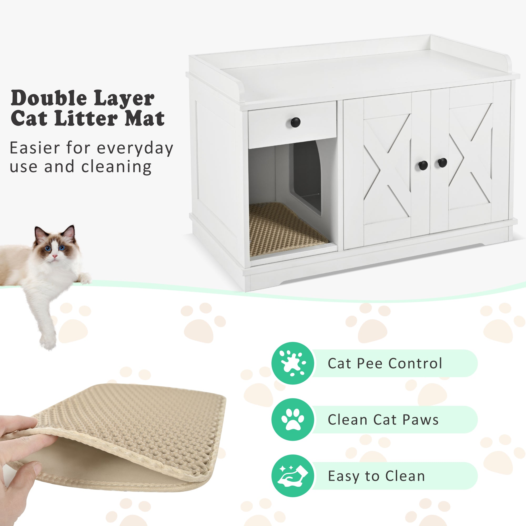 JXXRZ Farmhouse Cat Litter Box Enclosure, Hidden Litter Box Furniture with Storage Drawer, White