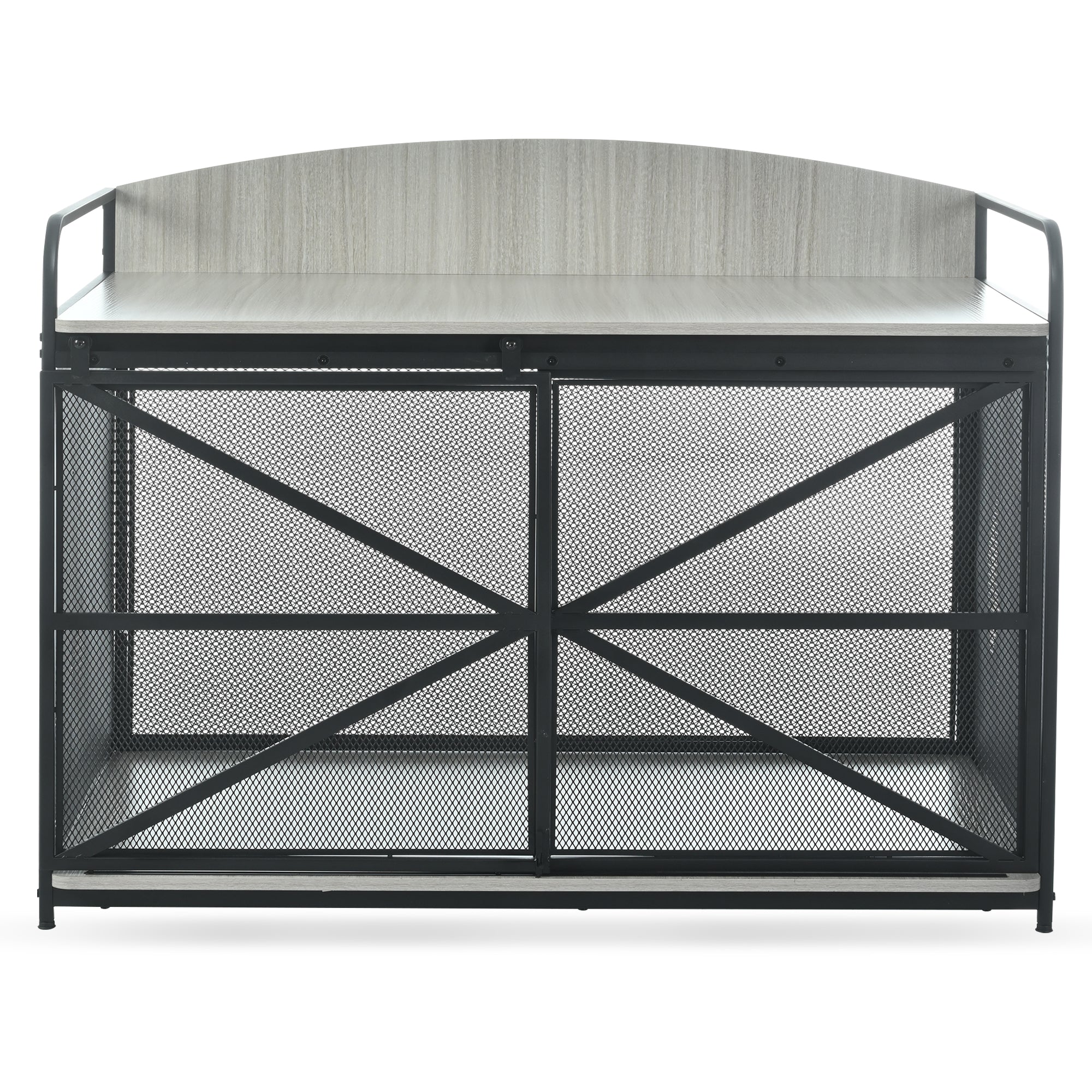 JXXRZ Farmhouse Dog Crate Furniture - Wooden Kennel Coffee Table w/Lock, 42.8" Indoor Pet House for 80lb Large Dogs，Grey