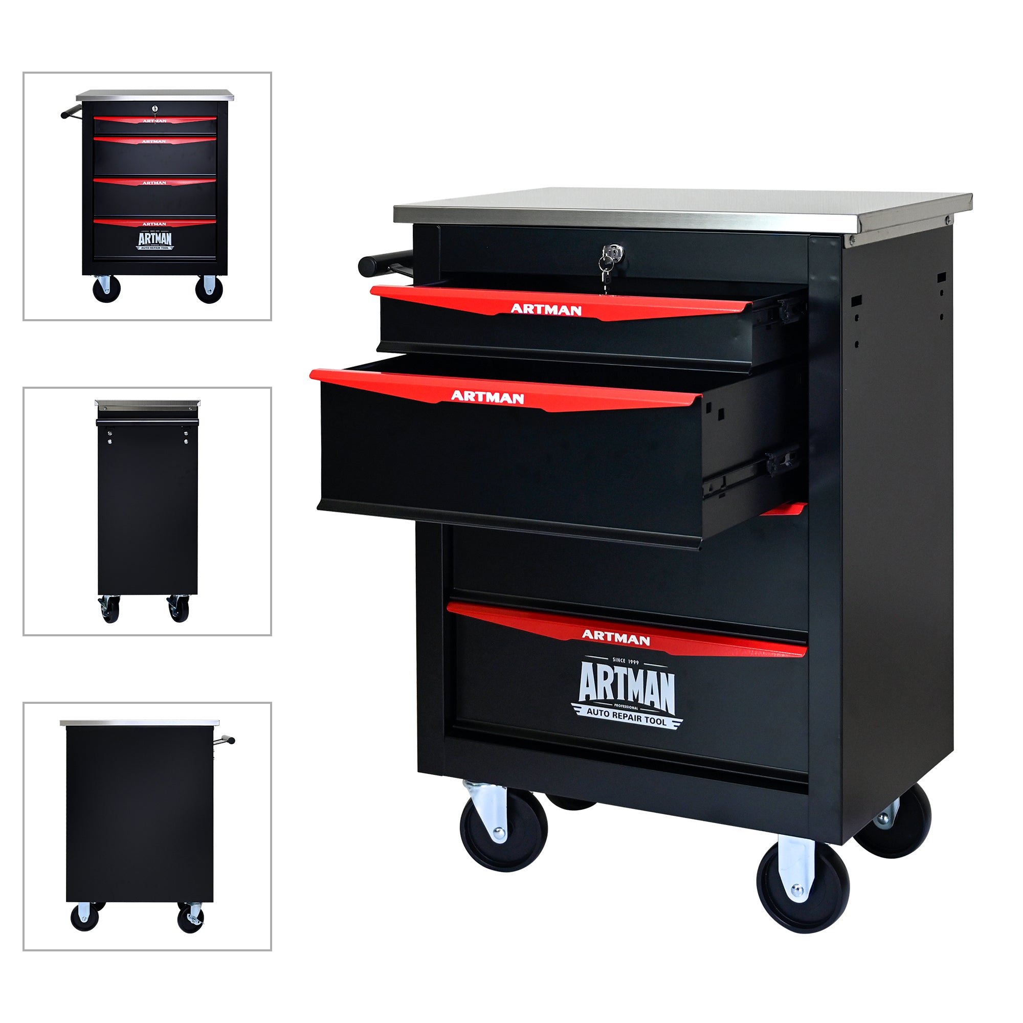 JXXRZ 4-Drawer Rolling Tool Cart with Wheels, Stainless Steel Top & Lock for Garage Workshop, Black&Red