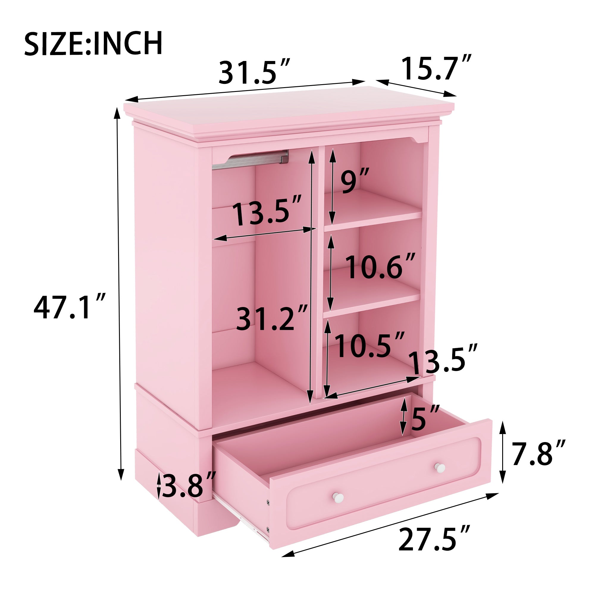 JXXRZ Kids Bedroom Armoire with Hanging Rod & XL Drawer - Montessori-Friendly Pink Wardrobe, Modern Nordic Nursery Decor