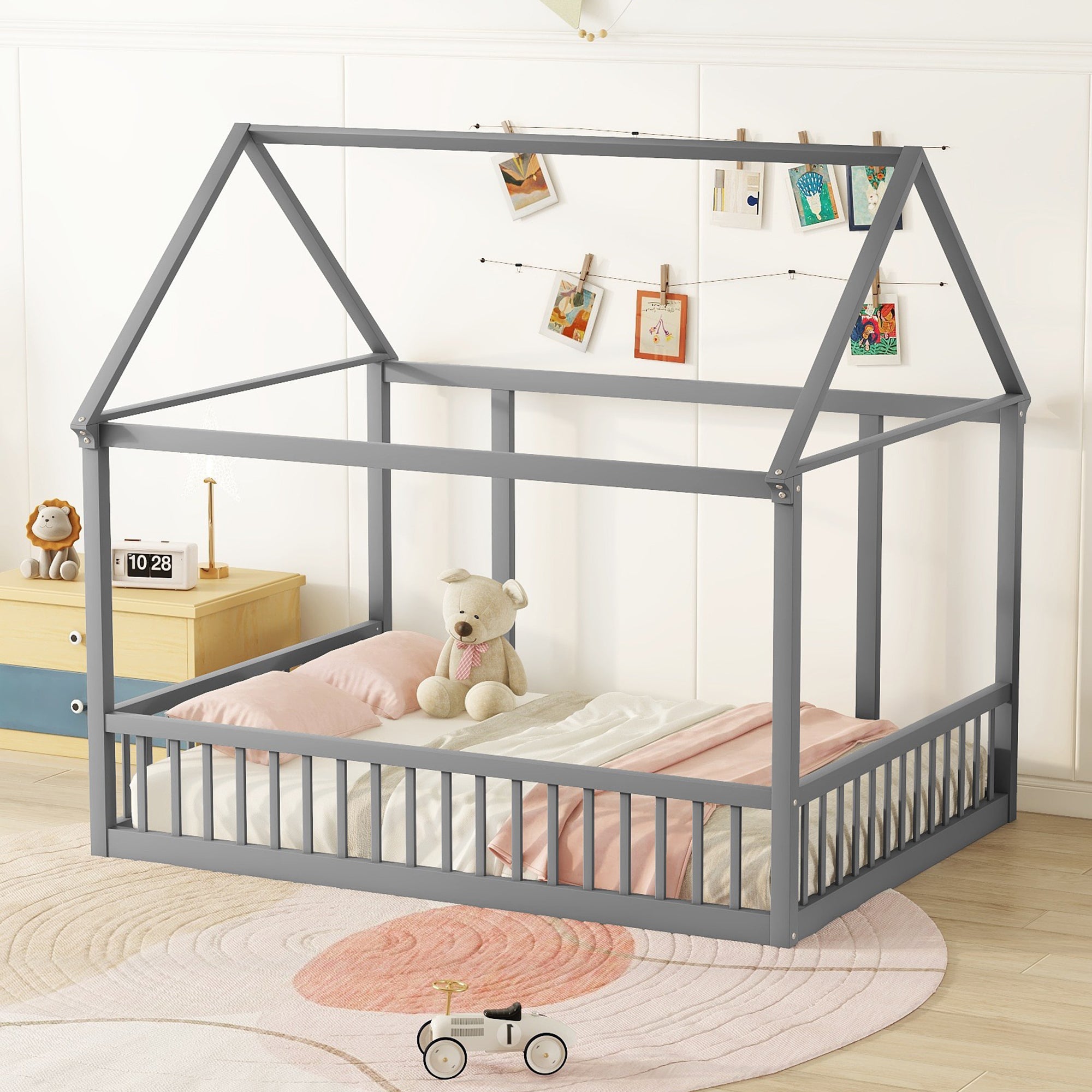 JXXRZ Twin/Full Wooden House Bed W Roof & Guardrails, Montessori Floor Bed Frame for Toddlers Kids, Grey