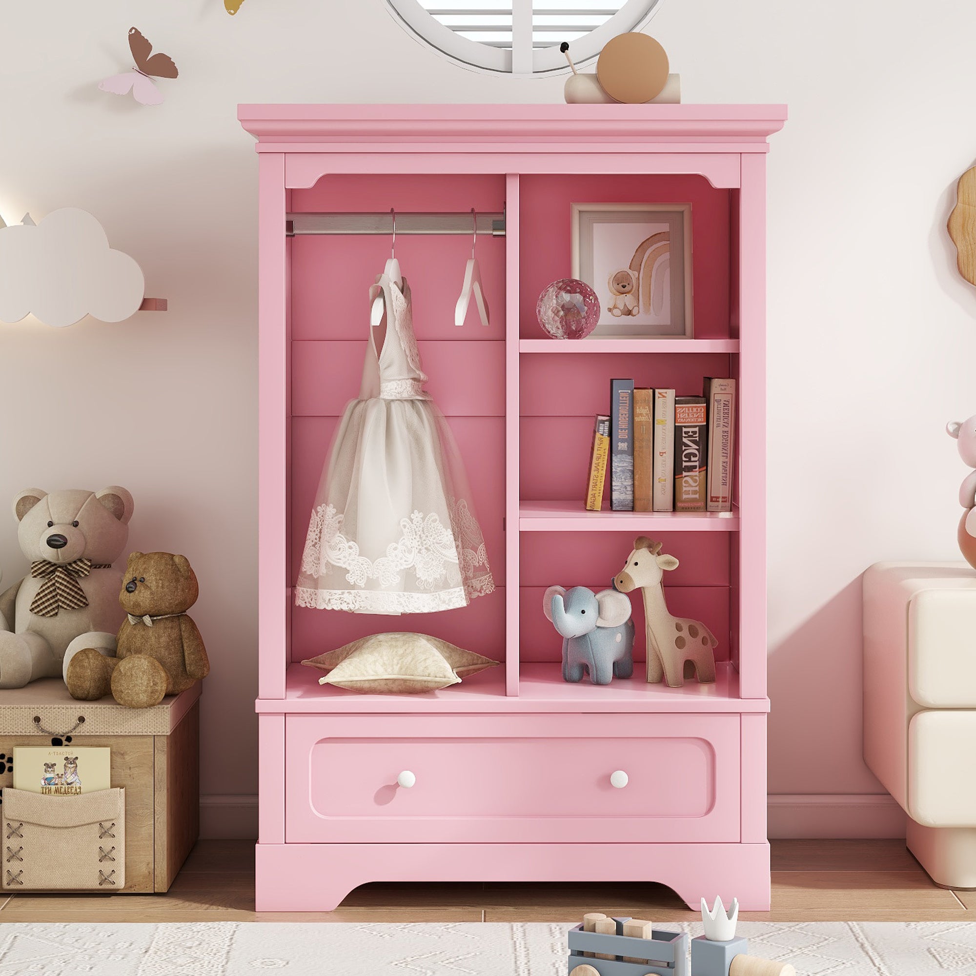 JXXRZ Kids Bedroom Armoire with Hanging Rod & XL Drawer - Montessori-Friendly Pink Wardrobe, Modern Nordic Nursery Decor