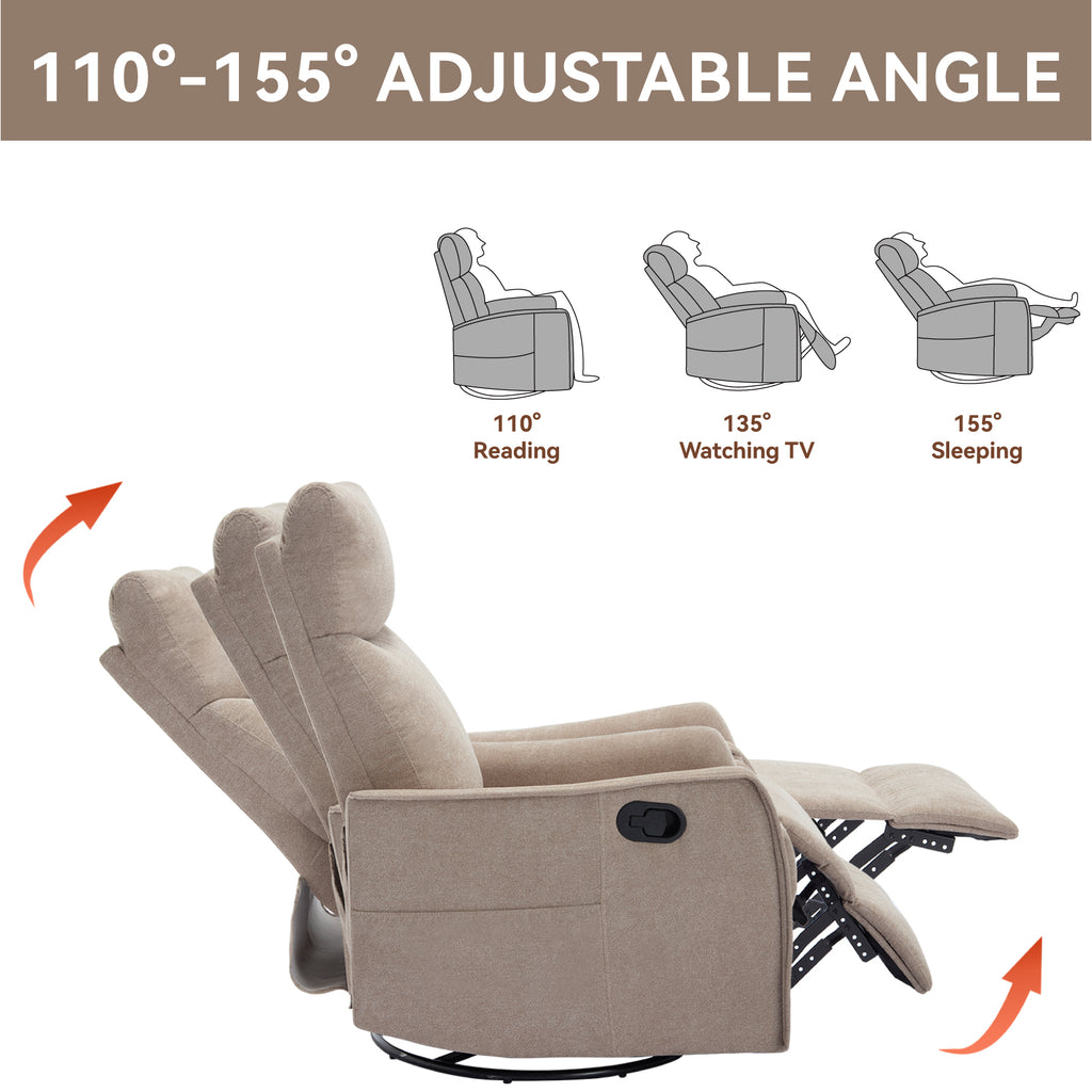JXXRZ Heated Massage Swivel Rocker Recliner Chair w/ Manual Recline & Breathable Fabric, Khaki