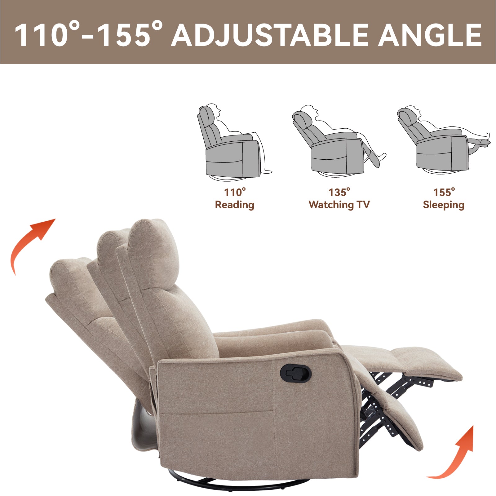 JXXRZ Heated Massage Swivel Rocker Recliner Chair w/ Manual Recline & Breathable Fabric, Khaki