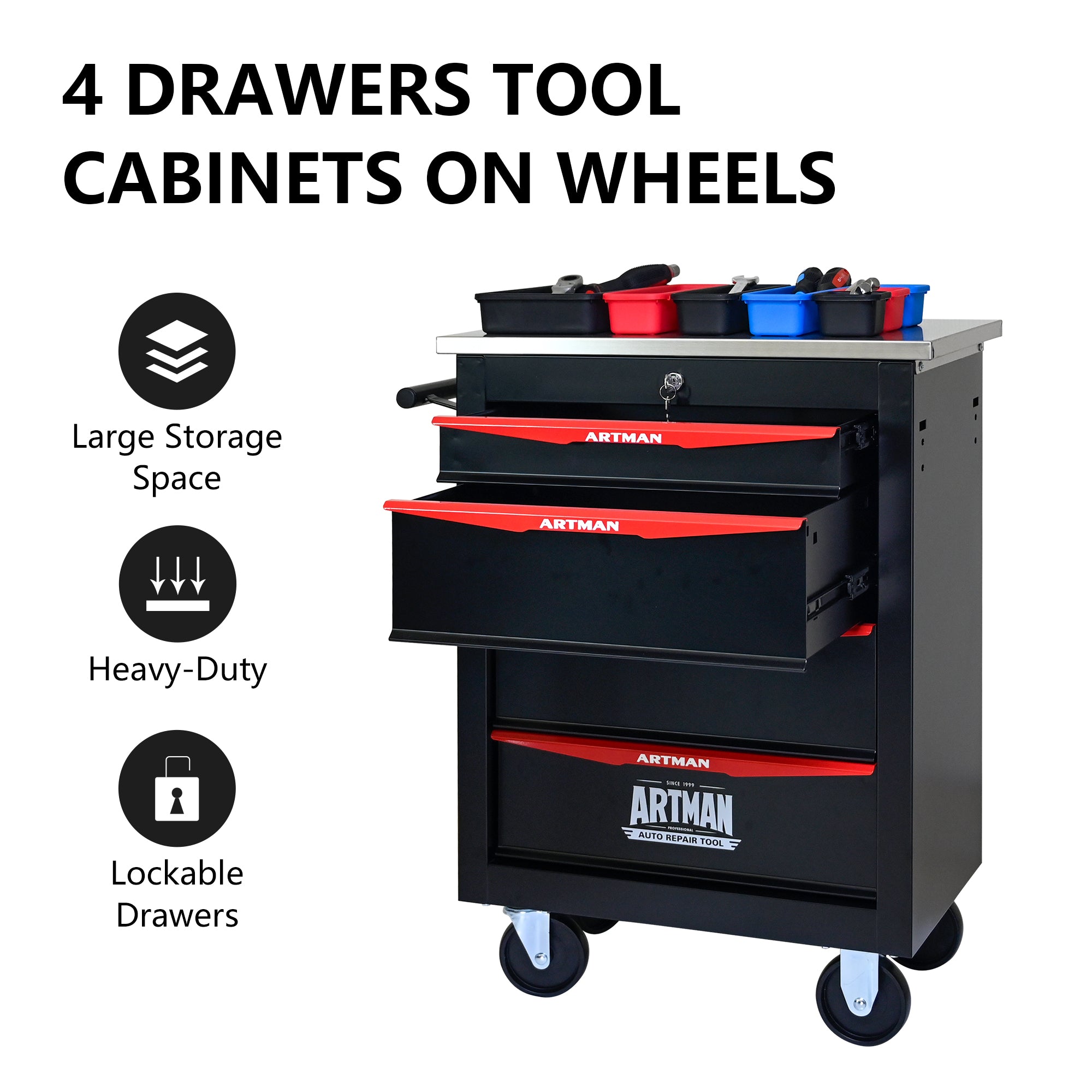 JXXRZ 4-Drawer Rolling Tool Cart with Wheels, Stainless Steel Top & Lock for Garage Workshop, Black&Red