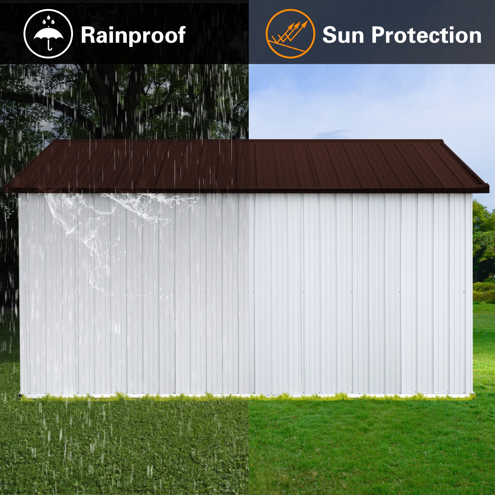 JXXRZ 10x12ft Metal Storage Shed with Windows, Galvanized Steel Outdoor Garden Shed & Lockable Doors,Brown&White
