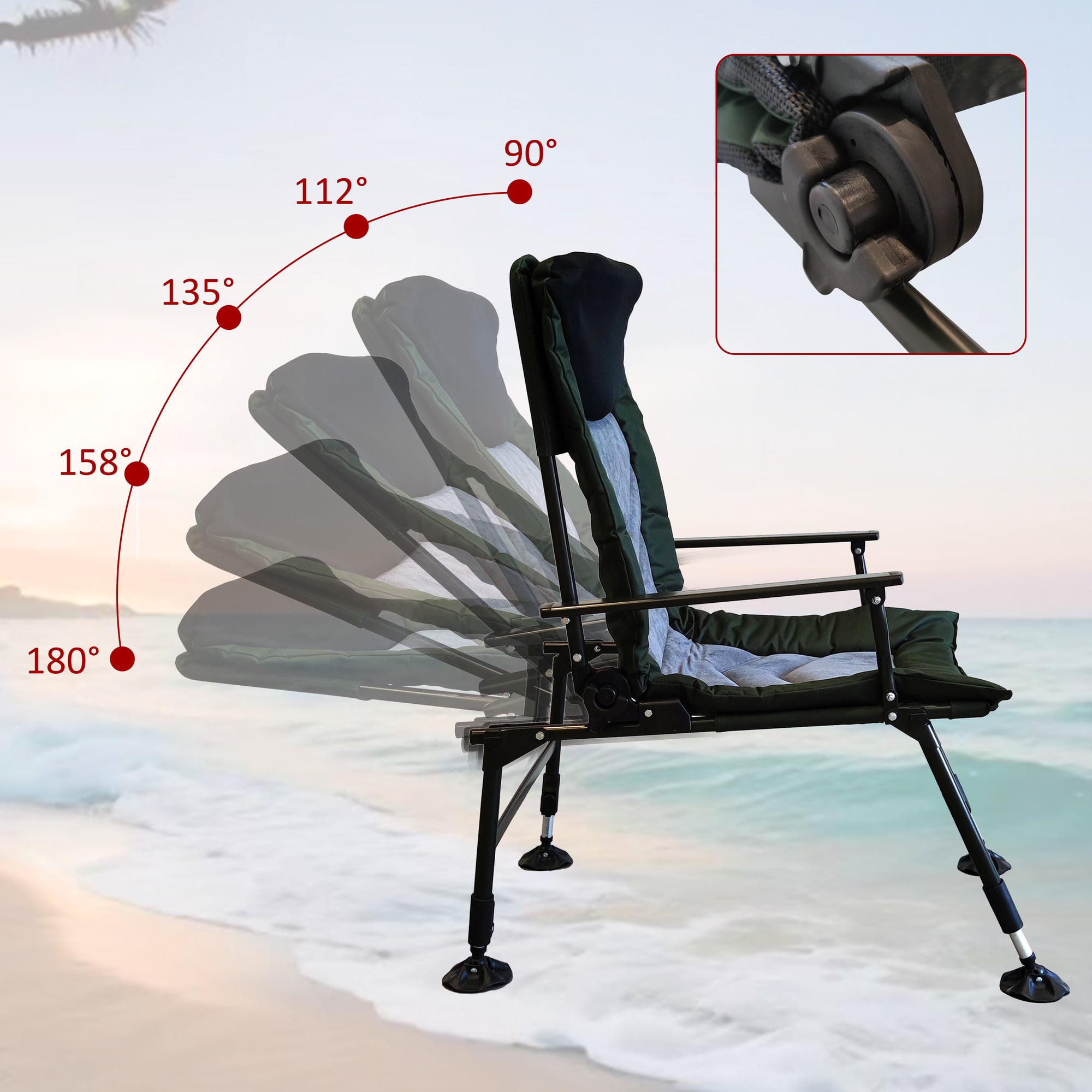 JXXRZ Reclining Camping Chair with Adjustable Backrest, Portable Lounge Chair for Indoor Outdoor Beach Camping, Grey/Green