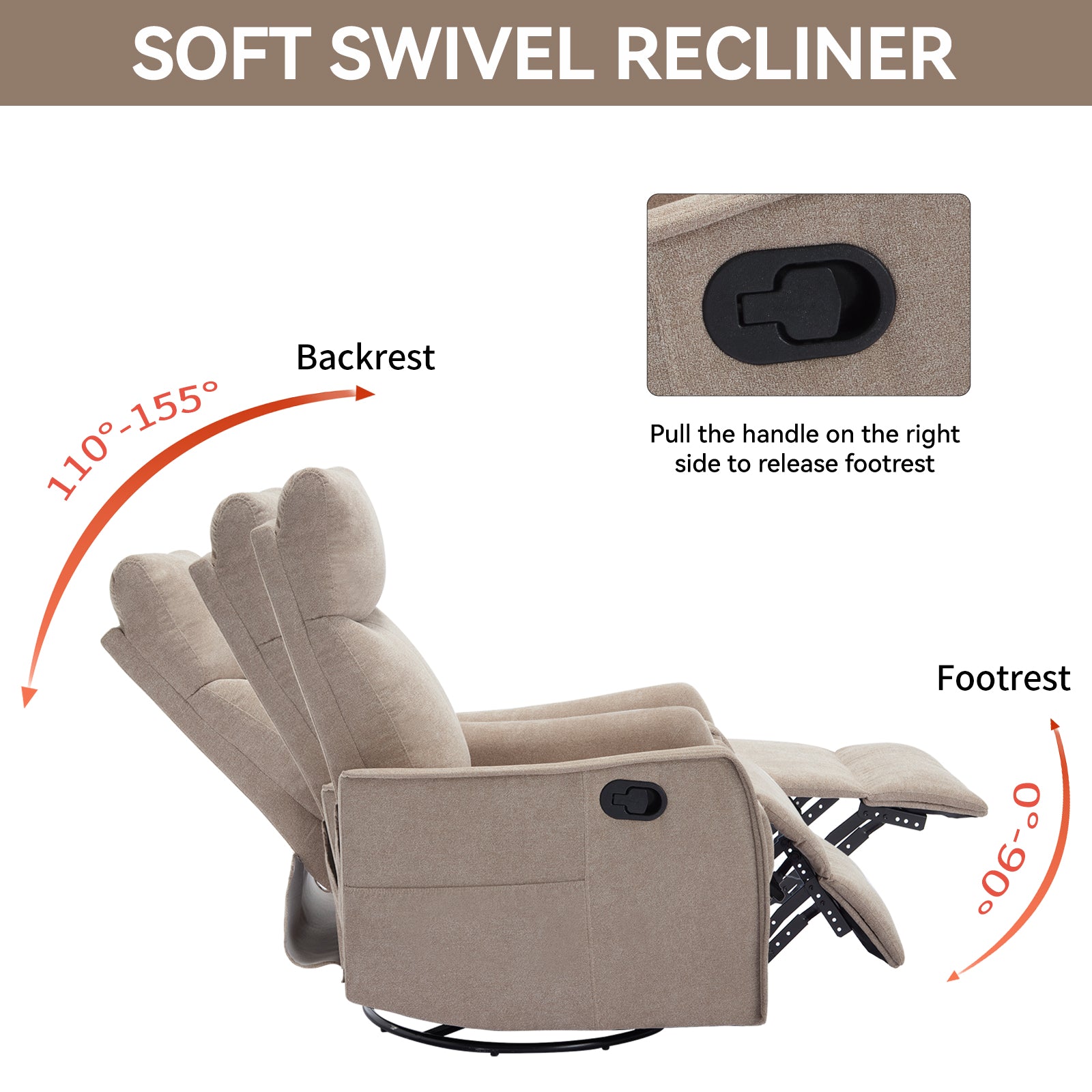 JXXRZ Heated Massage Swivel Rocker Recliner Chair w/ Manual Recline & Breathable Fabric, Khaki