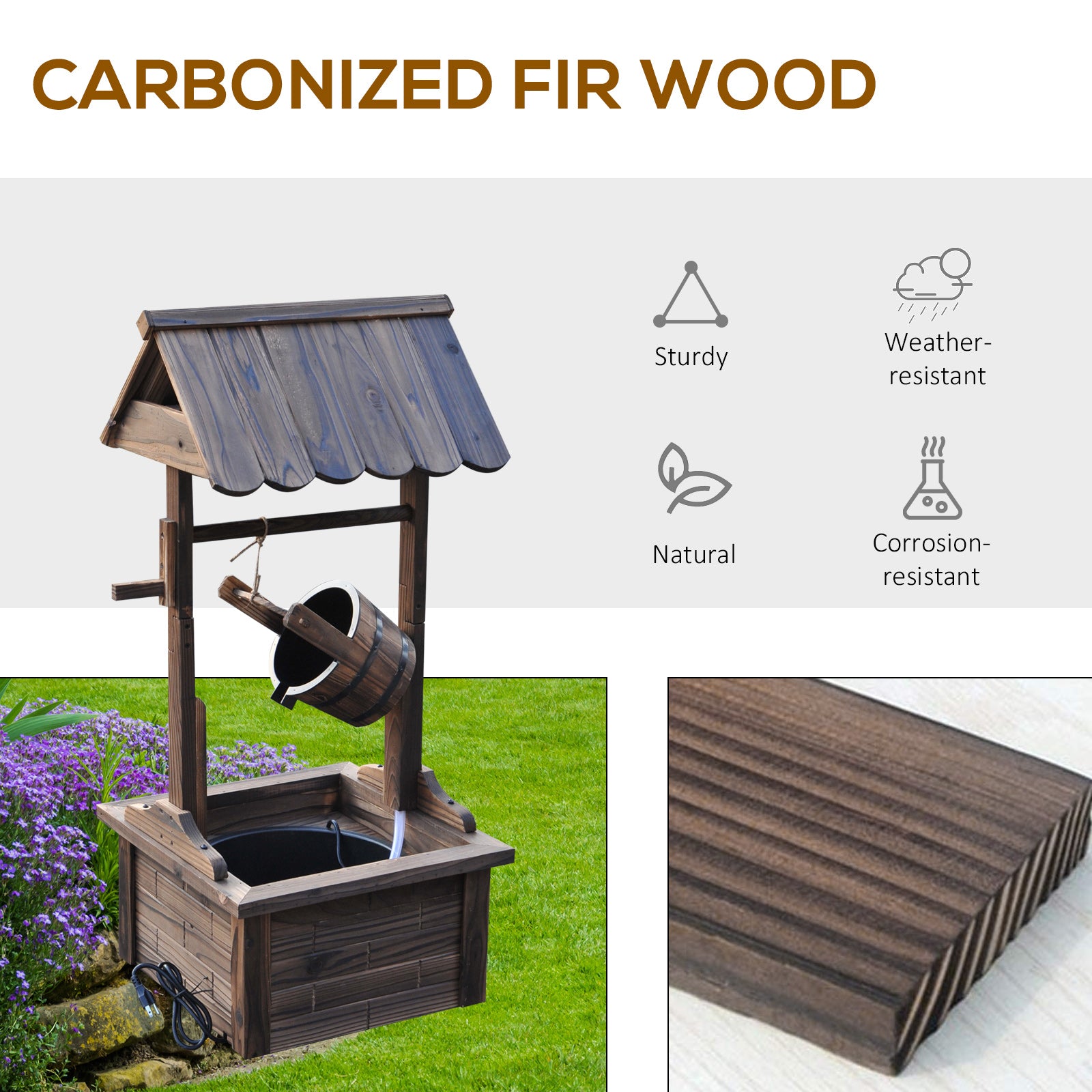 JXXRZ Wooden Wishing Well Fountain w/Adjustable Pump, Rustic Waterfall Bucket for Garden Patio Lawn, Carbonized Fir Wood