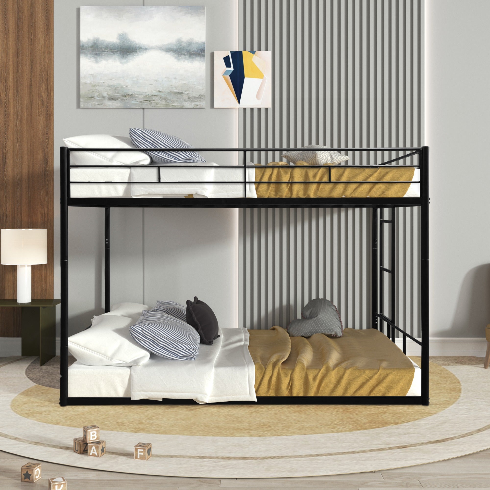 JXXRZ Metal Twin/Full Bunk Bed with Removable Stairs and 12" Storage, White