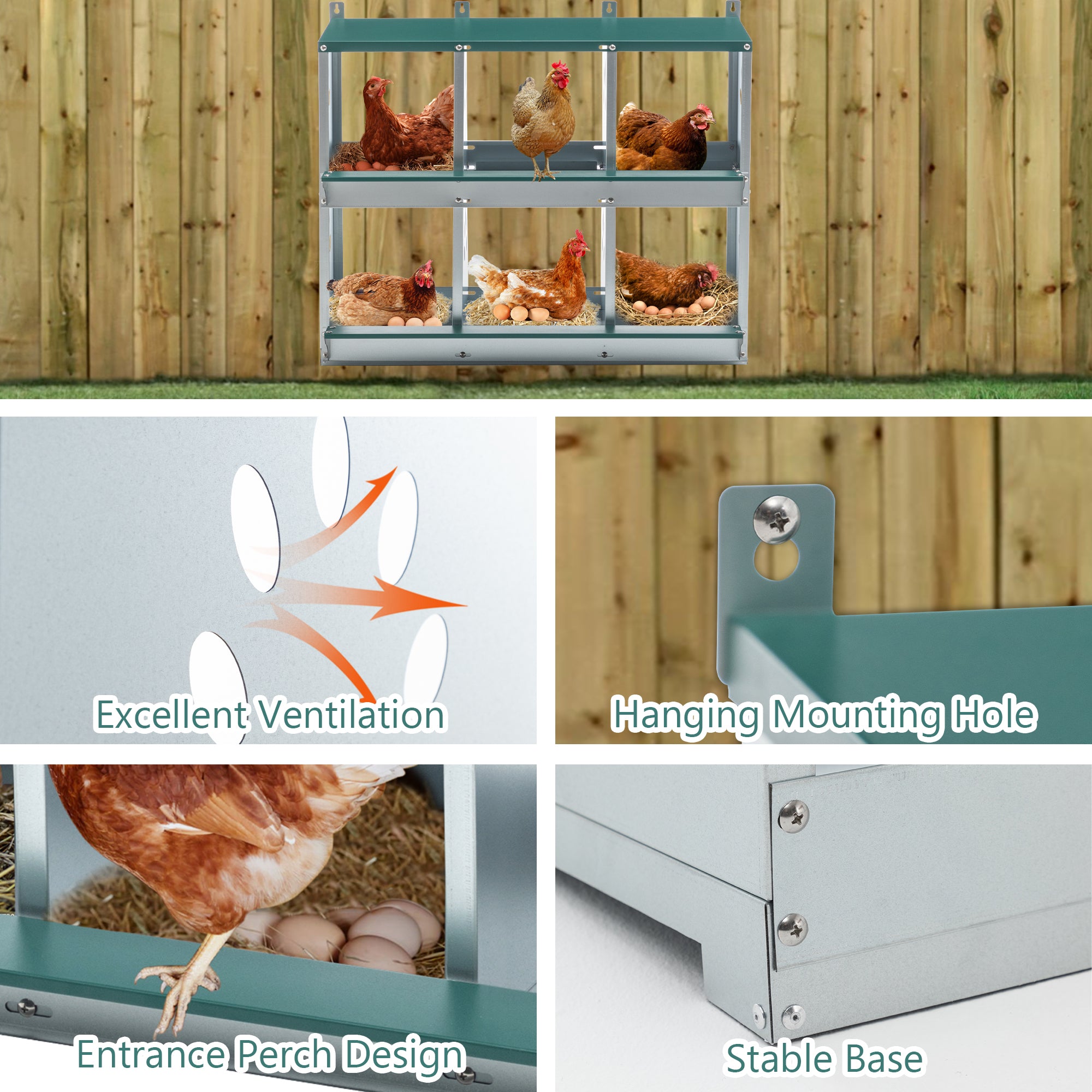 JXXRZ 6-Compartment Metal Chicken Nesting Box - Galvanized Steel Wall-Mounted Rust-Resistant Egg-Laying Hen Coop