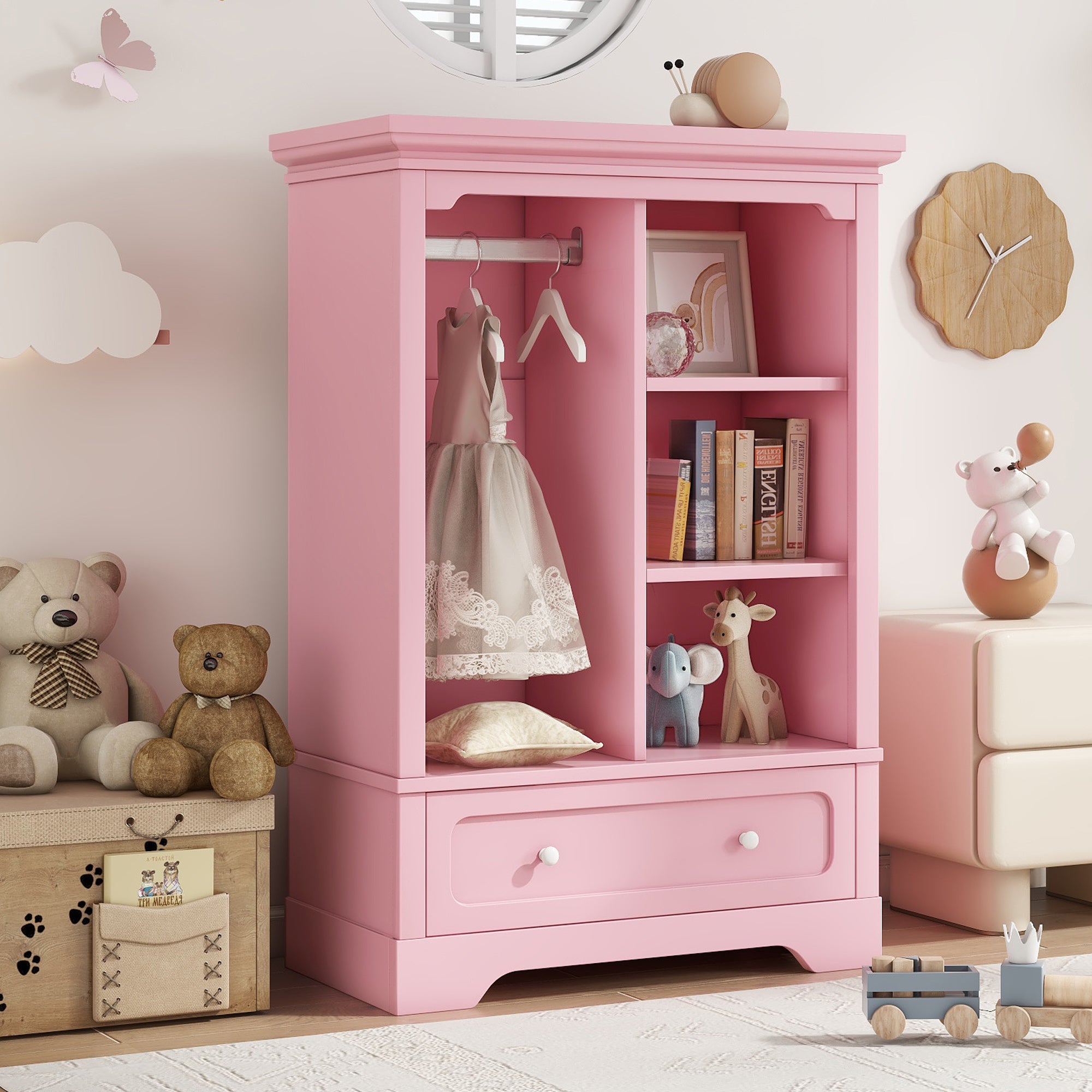 JXXRZ Kids Bedroom Armoire with Hanging Rod & XL Drawer - Montessori-Friendly Pink Wardrobe, Modern Nordic Nursery Decor