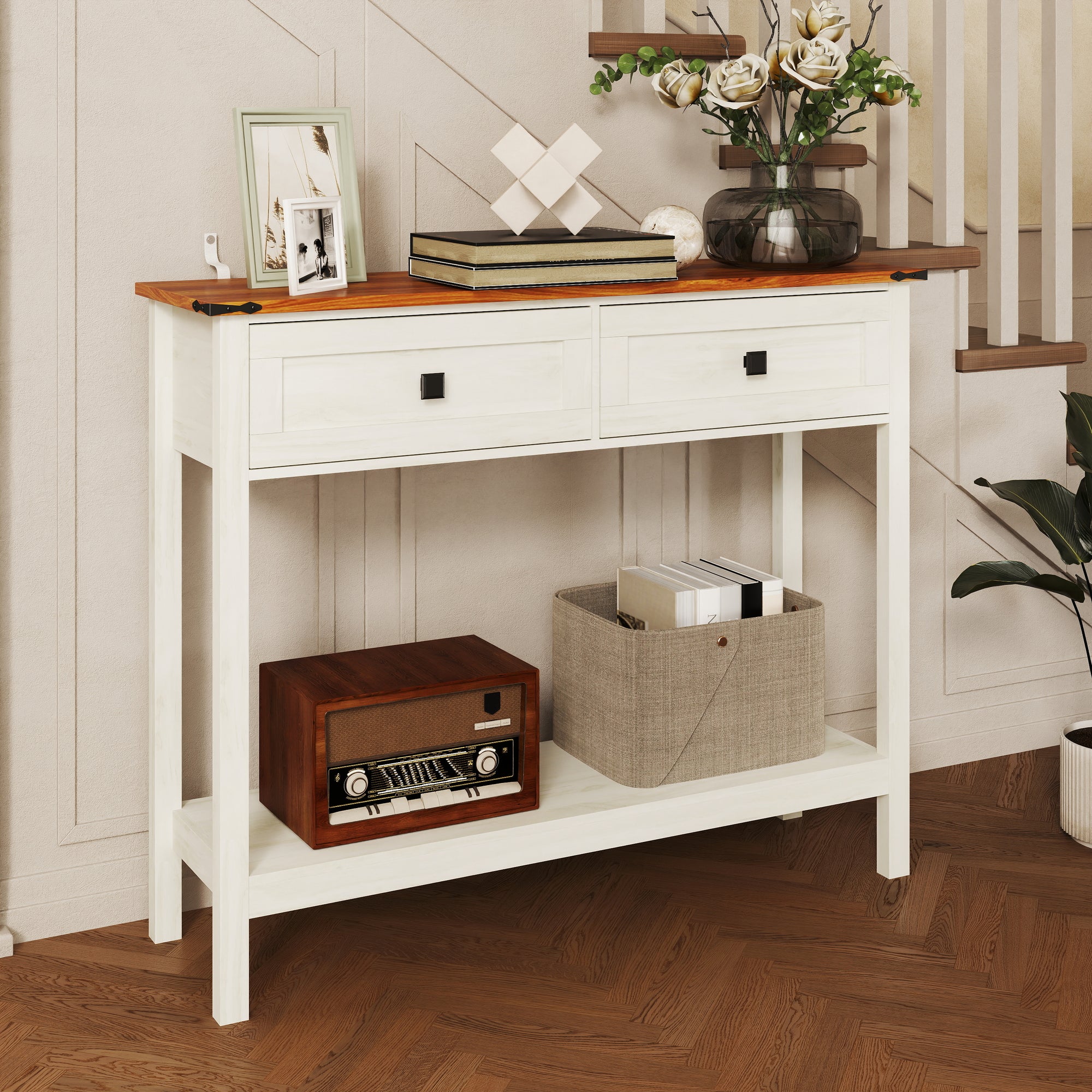 JXXRZ Farmhouse Console Table with 2 Drawers, Rustic Style | Sturdy Particle Board & MDF Frame, Antique White Finish