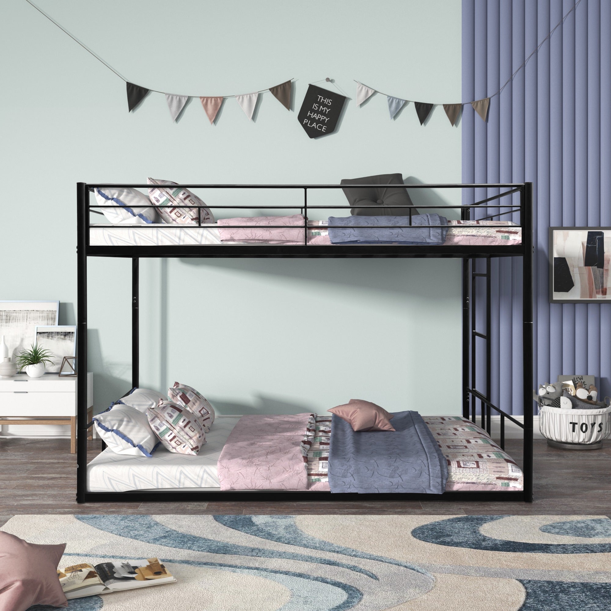 JXXRZ Metal Twin/Full Bunk Bed with Removable Stairs and 12" Storage, White