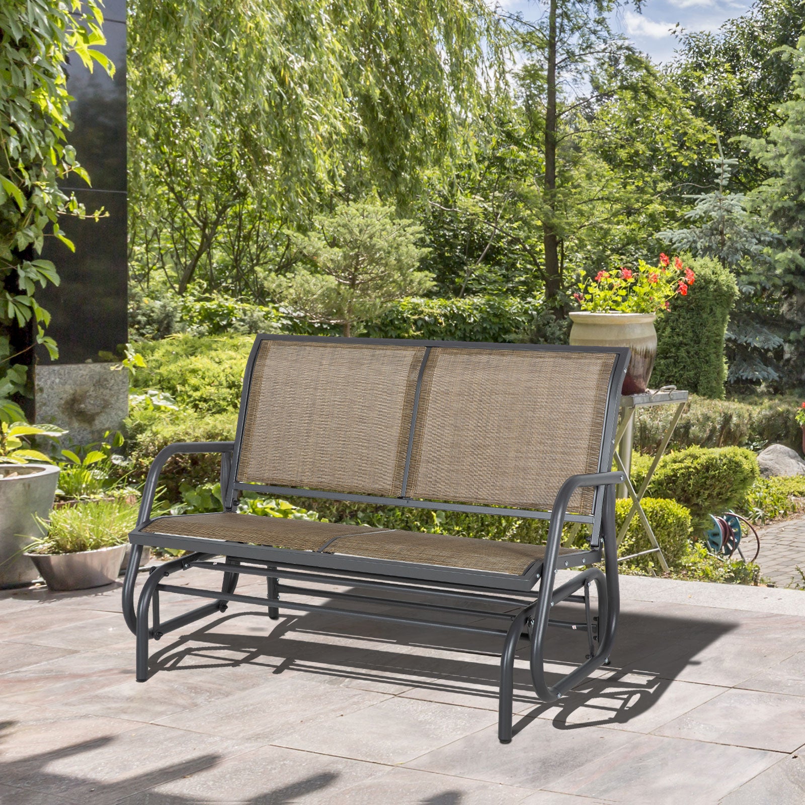 JXXRZ 2-Person Outdoor Glider Bench Swing, Steel Frame Rocking Loveseat for Patio Backyard, Mixed Brown