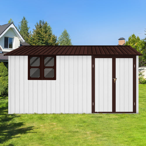 JXXRZ 10x12ft Metal Storage Shed with Windows, Galvanized Steel Outdoor Garden Shed & Lockable Doors,Brown&White