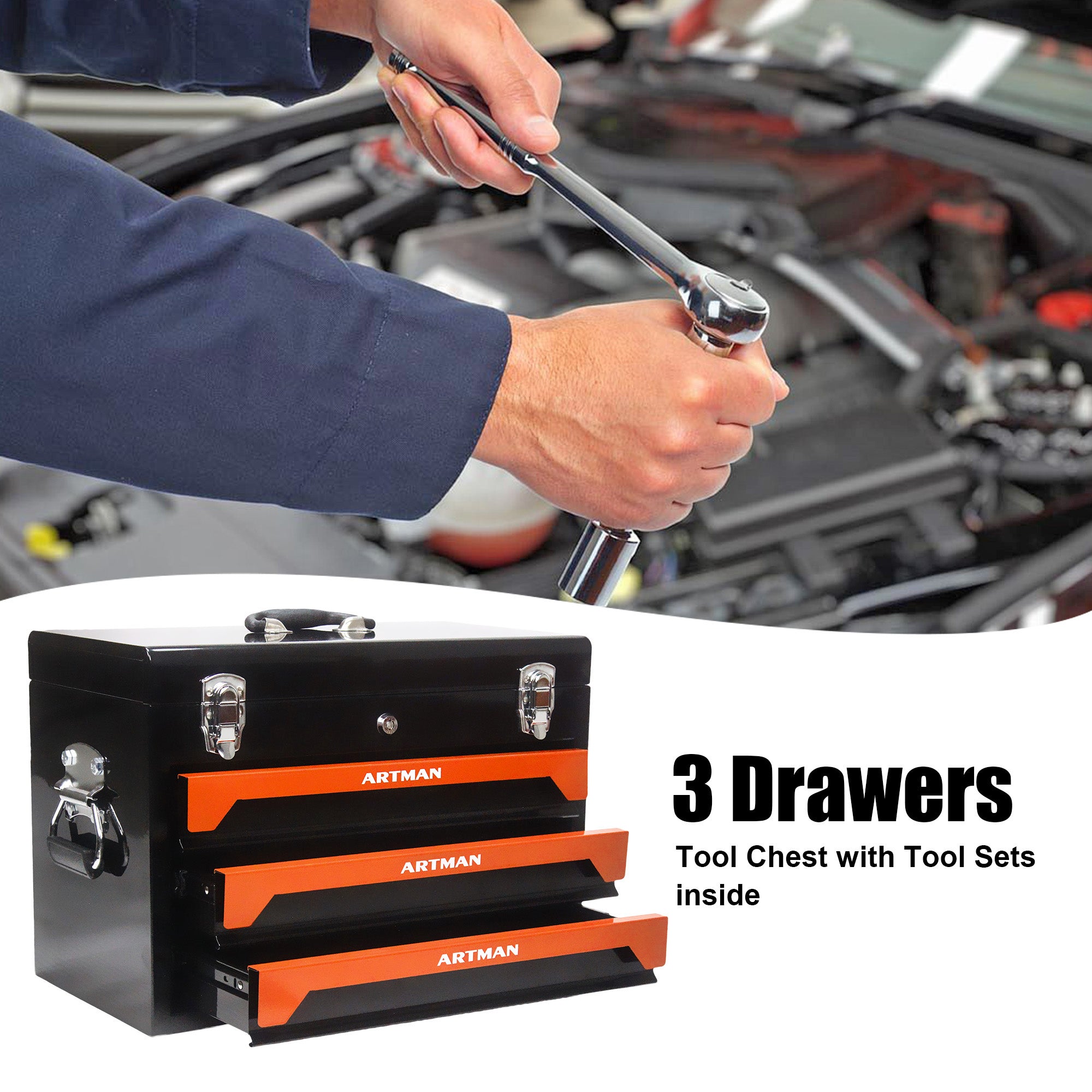 JXXRZ 20" Portable 3-Drawer Steel Tool Chest, Top Tray & Lock, Orange