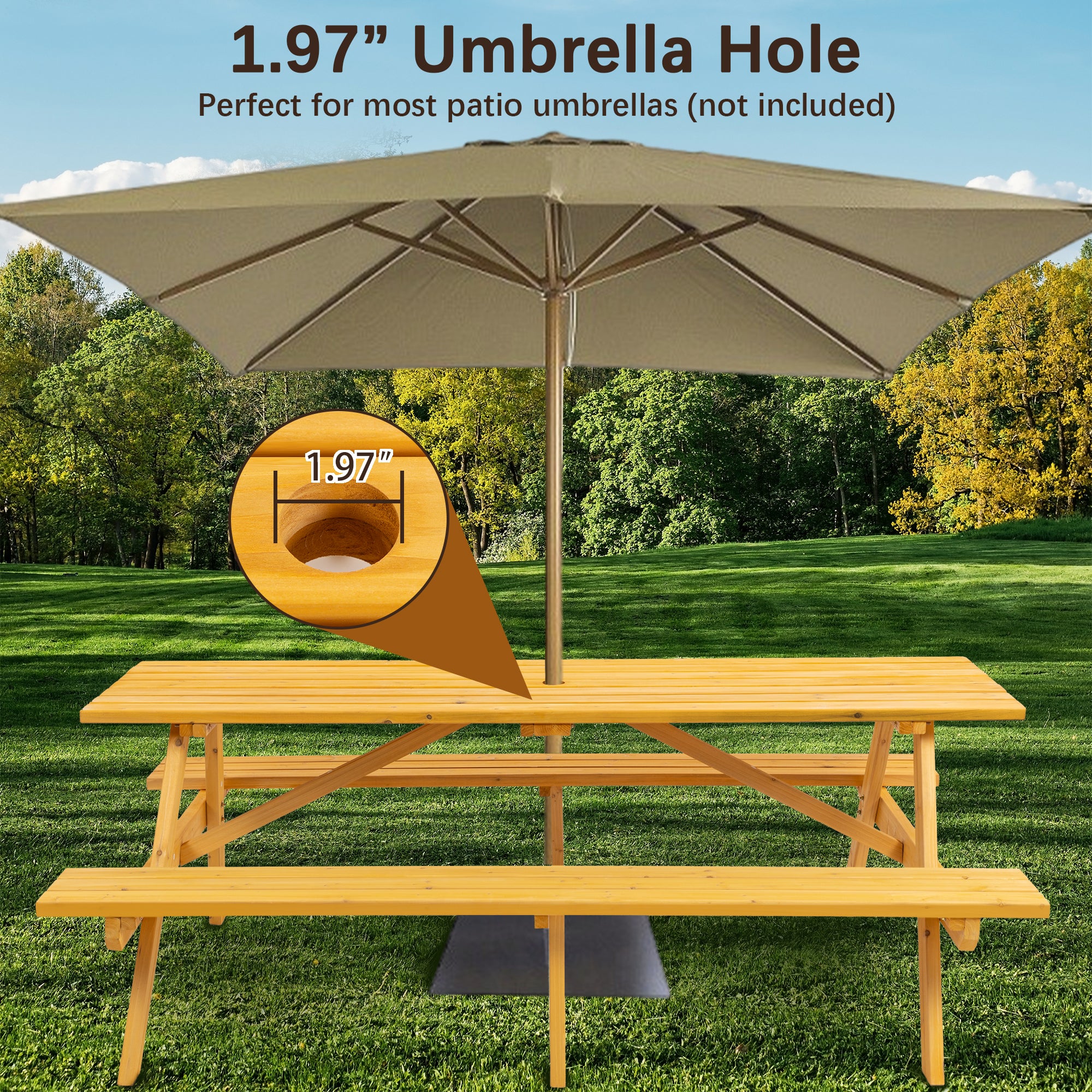 JXXRZ 8-Person Rectangular Outdoor Wooden Picnic Table w/ 2 Built-In Benches, 2220lb Capacity - Natural
