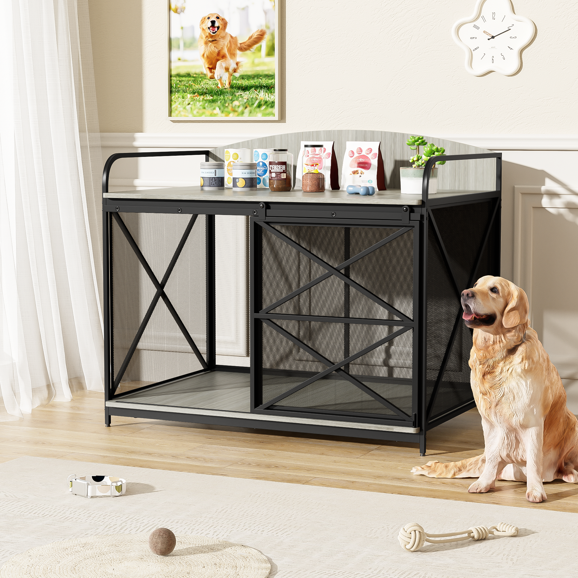 JXXRZ Farmhouse Dog Crate Furniture - Wooden Kennel Coffee Table w/Lock, 42.8" Indoor Pet House for 80lb Large Dogs，Grey