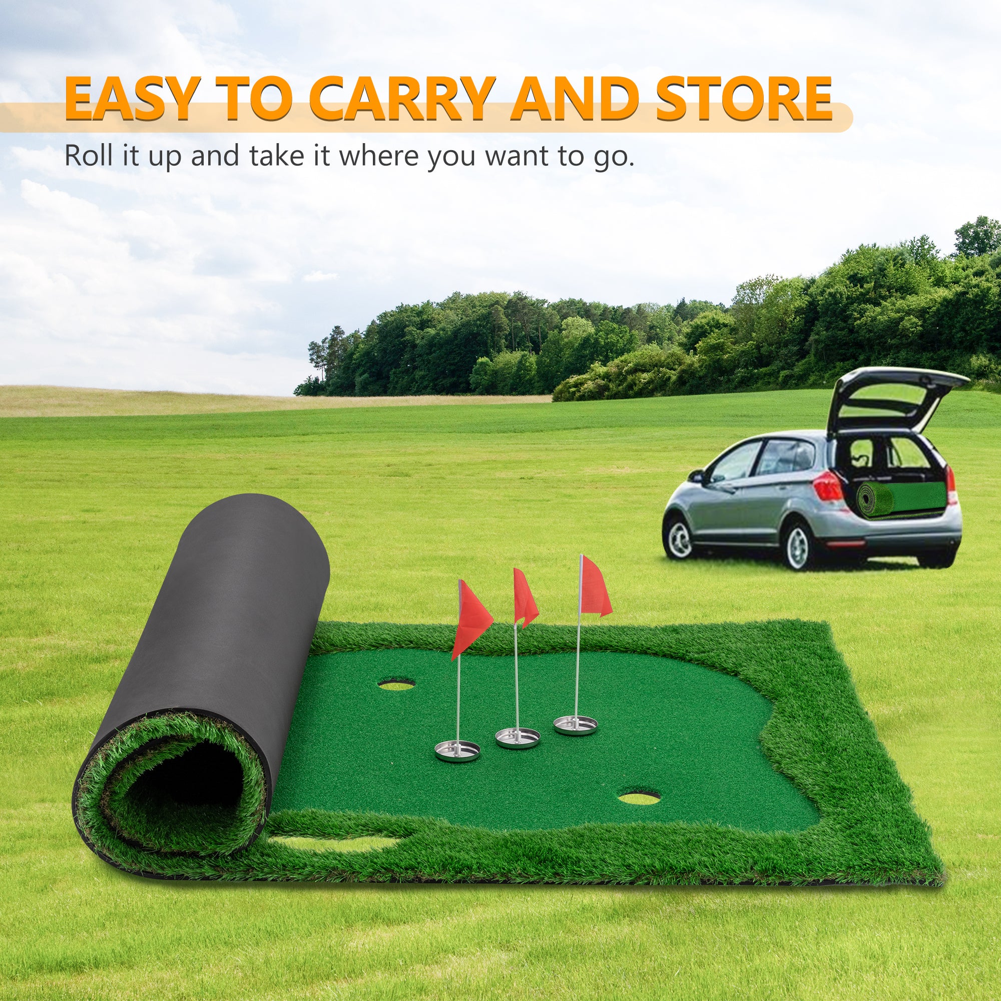 JXXRZ 10x5 FT Golf Putting Green, Golf Training Mat with High-quality Turf, 3 Holes, 3 Flags and Cups for Indoor Outdoor