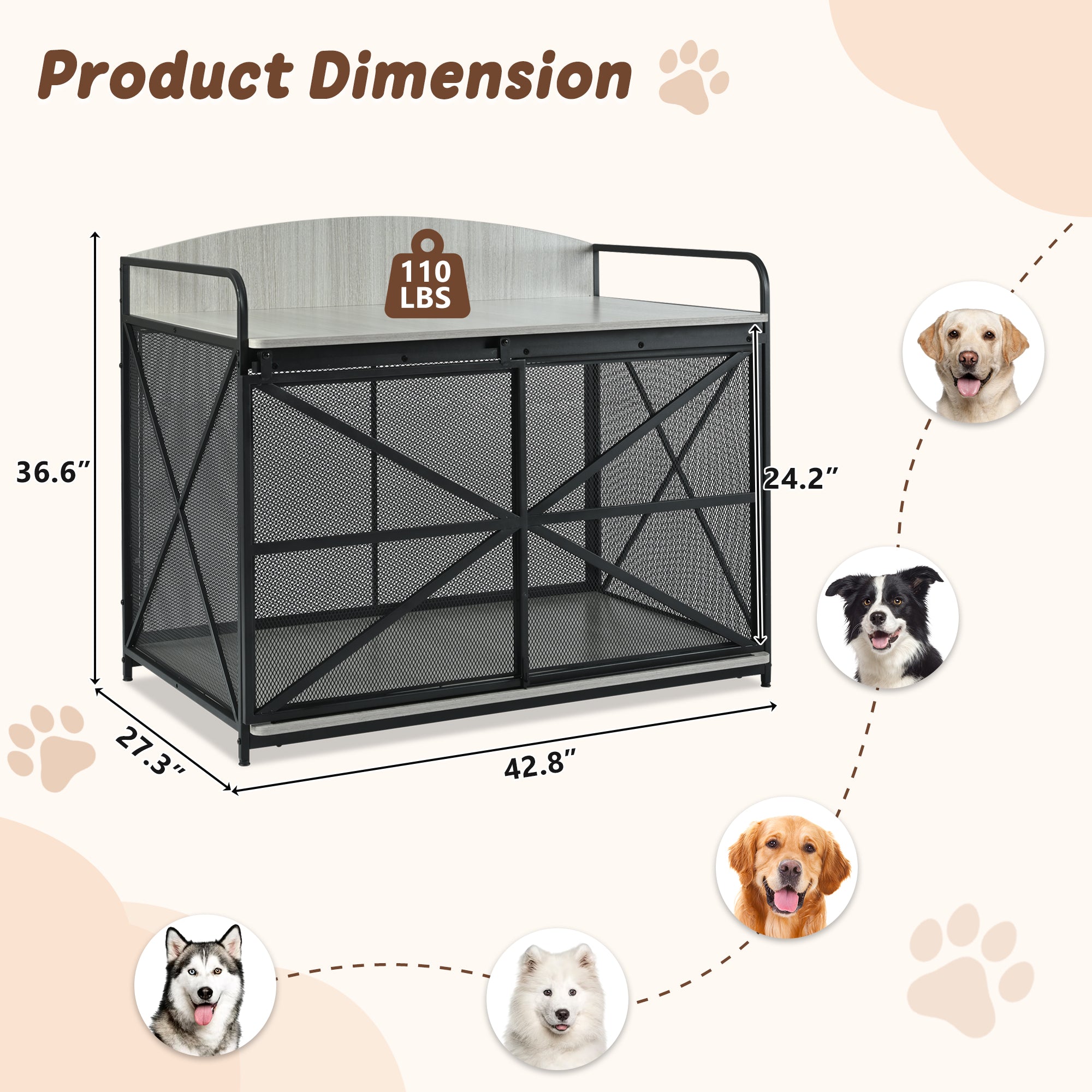 JXXRZ Farmhouse Dog Crate Furniture - Wooden Kennel Coffee Table w/Lock, 42.8" Indoor Pet House for 80lb Large Dogs，Grey