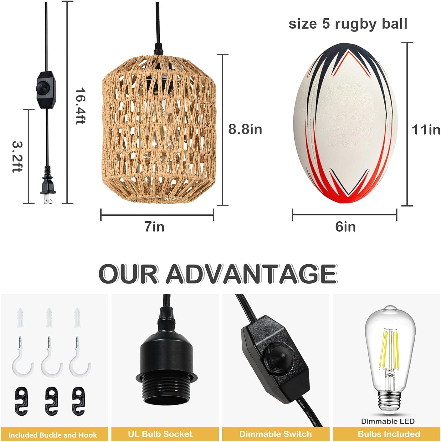 JXXRZ 16ft Plug-in Rattan Pendant Light with Dimmable LED, Boho Hanging Fixture for Bedroom/Patio