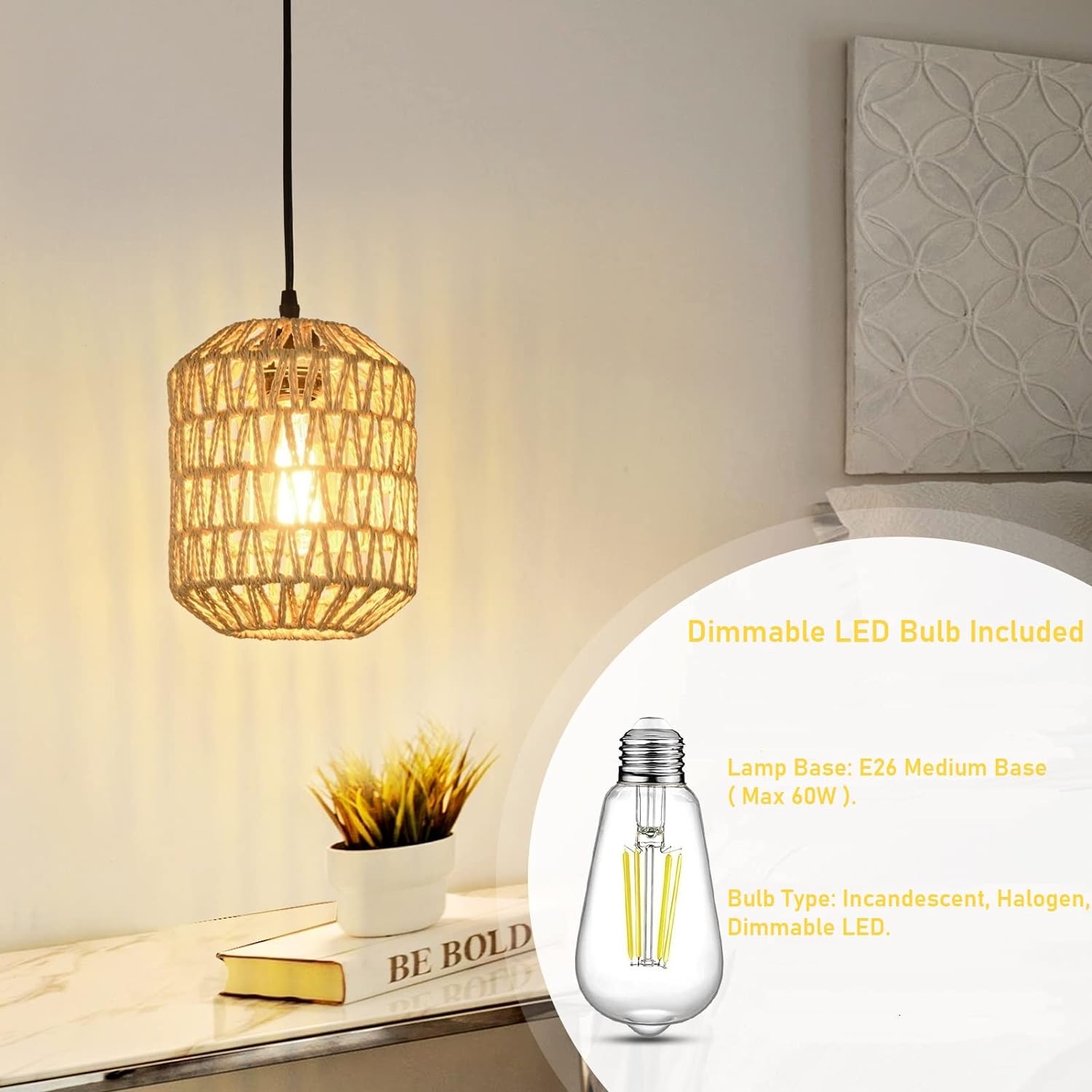 JXXRZ 16ft Plug-in Rattan Pendant Light with Dimmable LED, Boho Hanging Fixture for Bedroom/Patio