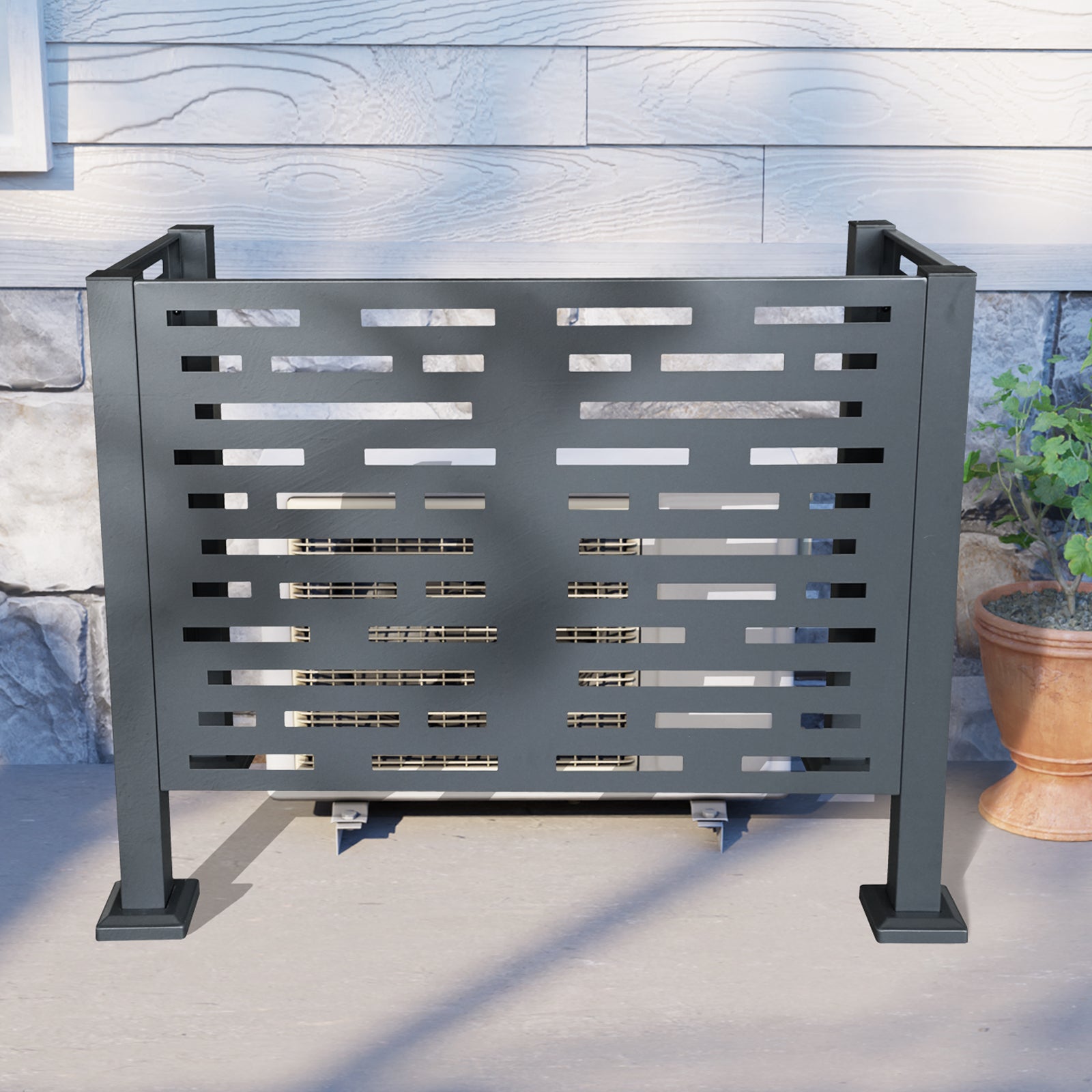 JXXRZ 4x2FT Air Conditioner Fence Metal Privacy Fence for Outdoor Units with 2 Planter Box, Charcoal Metal Screen