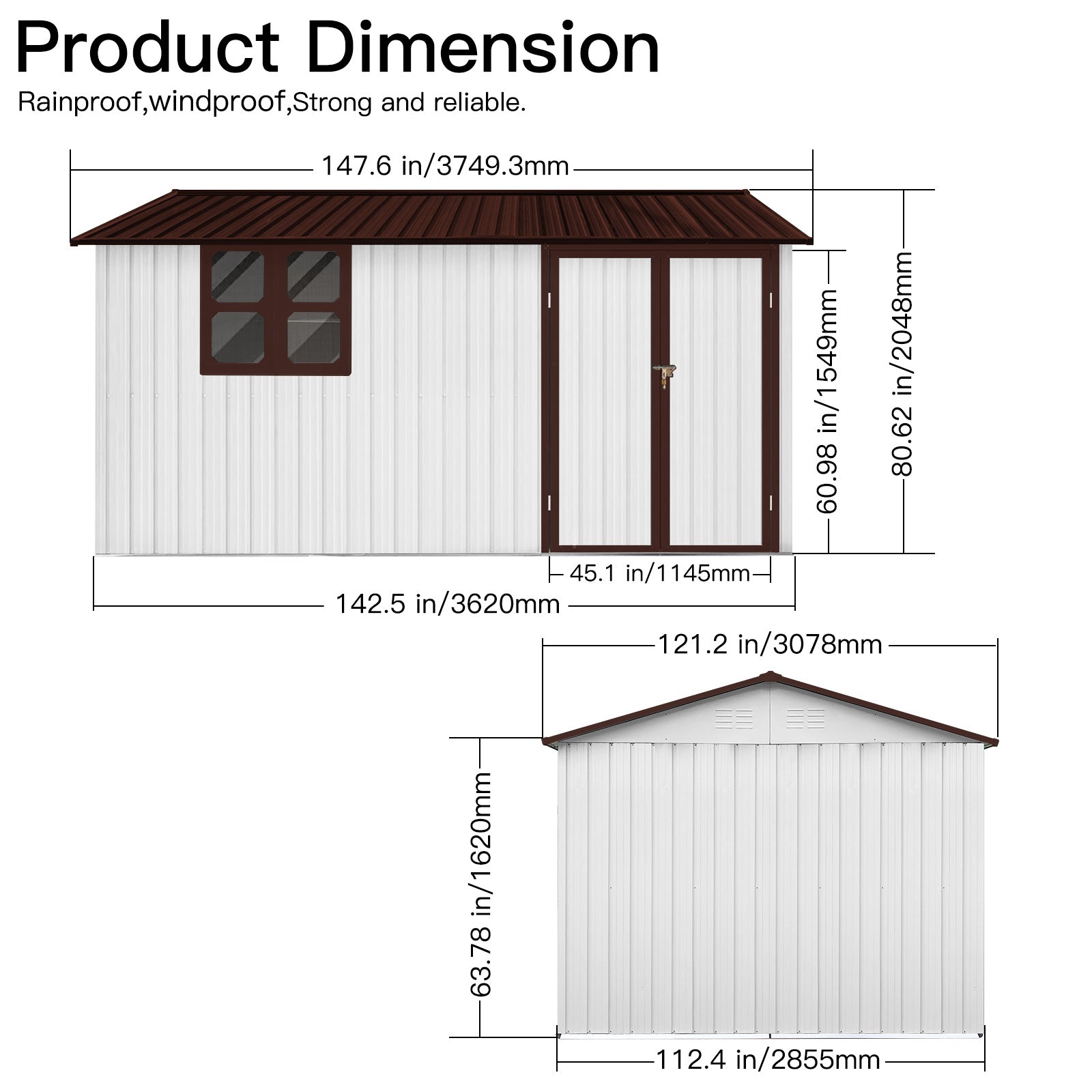JXXRZ 10x12ft Metal Storage Shed with Windows, Galvanized Steel Outdoor Garden Shed & Lockable Doors,Brown&White