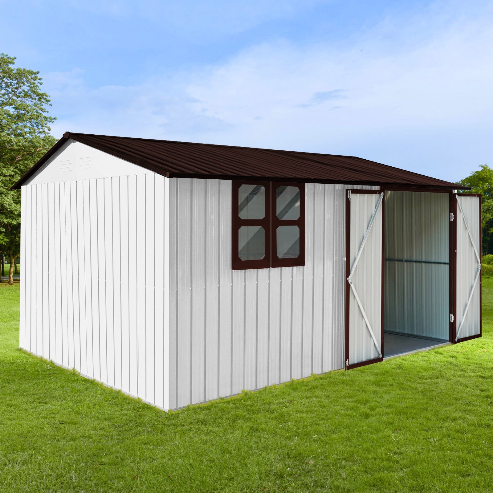 JXXRZ 10x12ft Metal Storage Shed with Windows, Galvanized Steel Outdoor Garden Shed & Lockable Doors,Brown&White