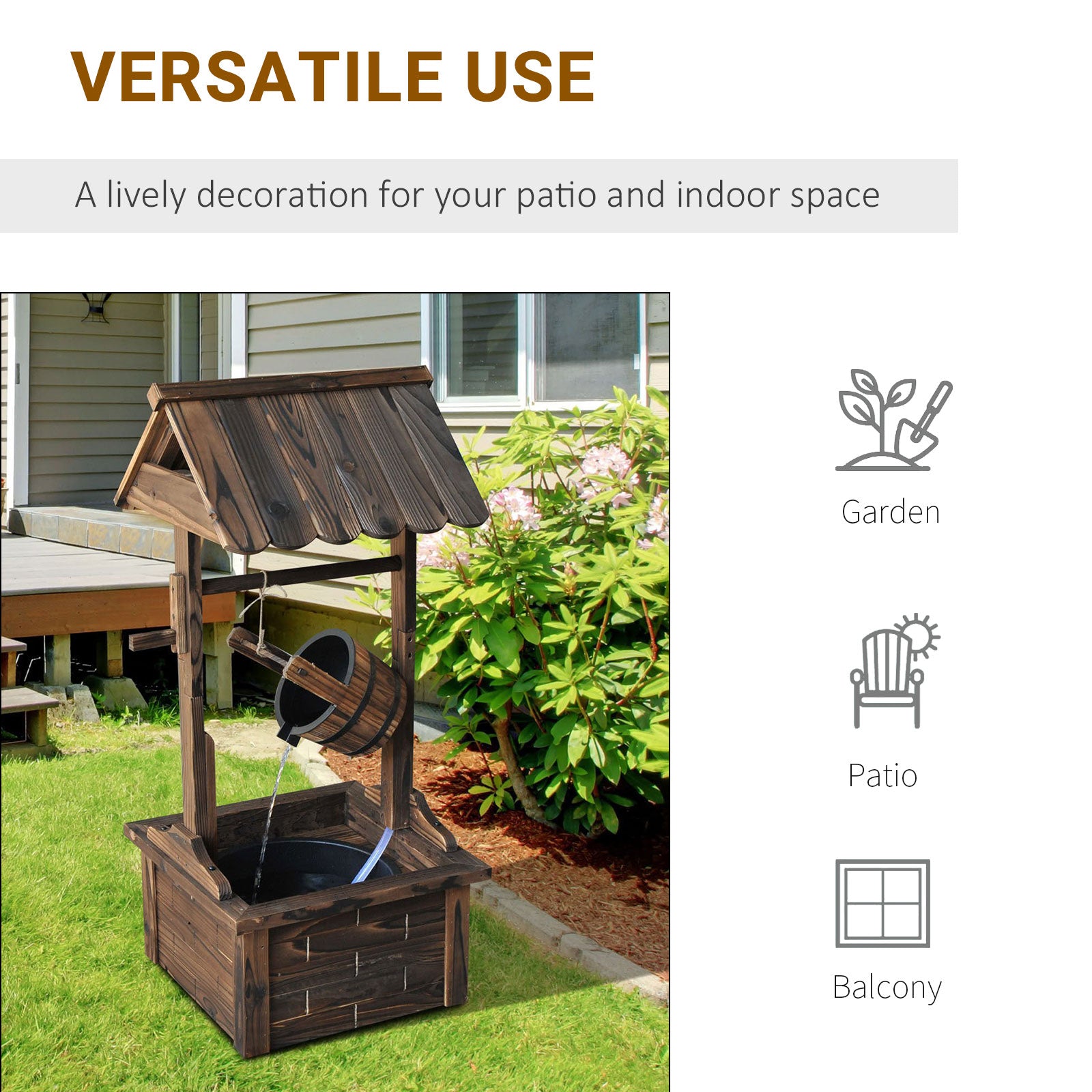 JXXRZ Wooden Wishing Well Fountain w/Adjustable Pump, Rustic Waterfall Bucket for Garden Patio Lawn, Carbonized Fir Wood