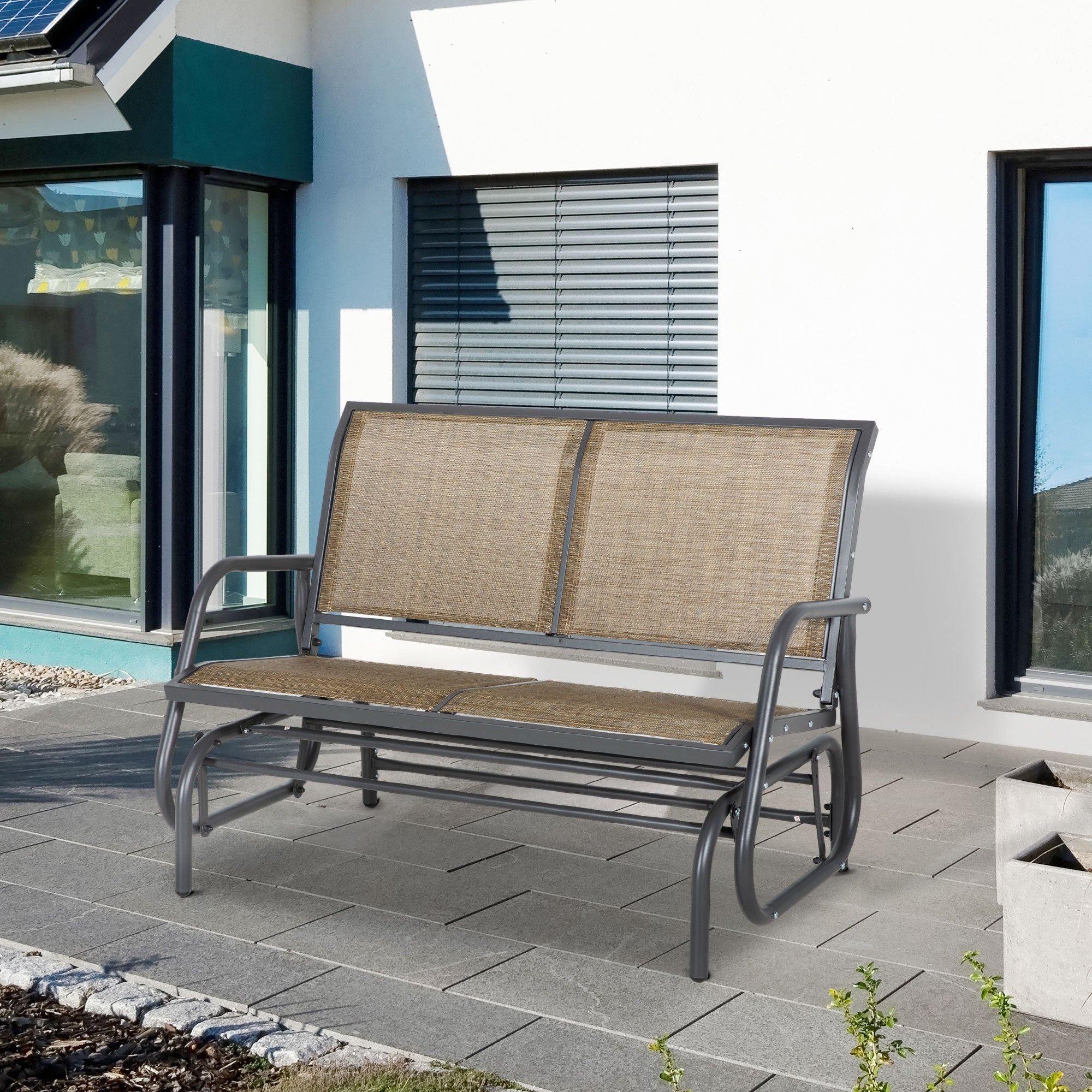 JXXRZ 2-Person Outdoor Glider Bench Swing, Steel Frame Rocking Loveseat for Patio Backyard, Mixed Brown