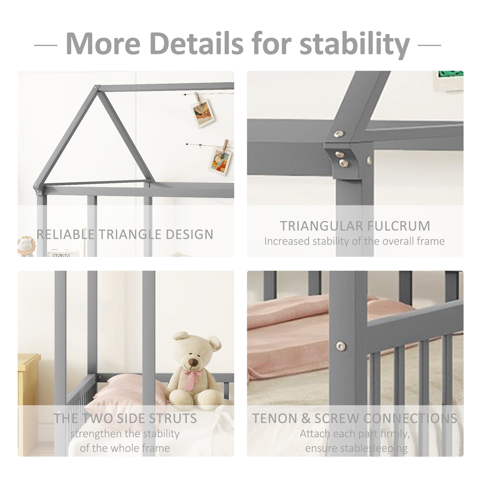 JXXRZ Twin/Full Wooden House Bed W Roof & Guardrails, Montessori Floor Bed Frame for Toddlers Kids, Grey