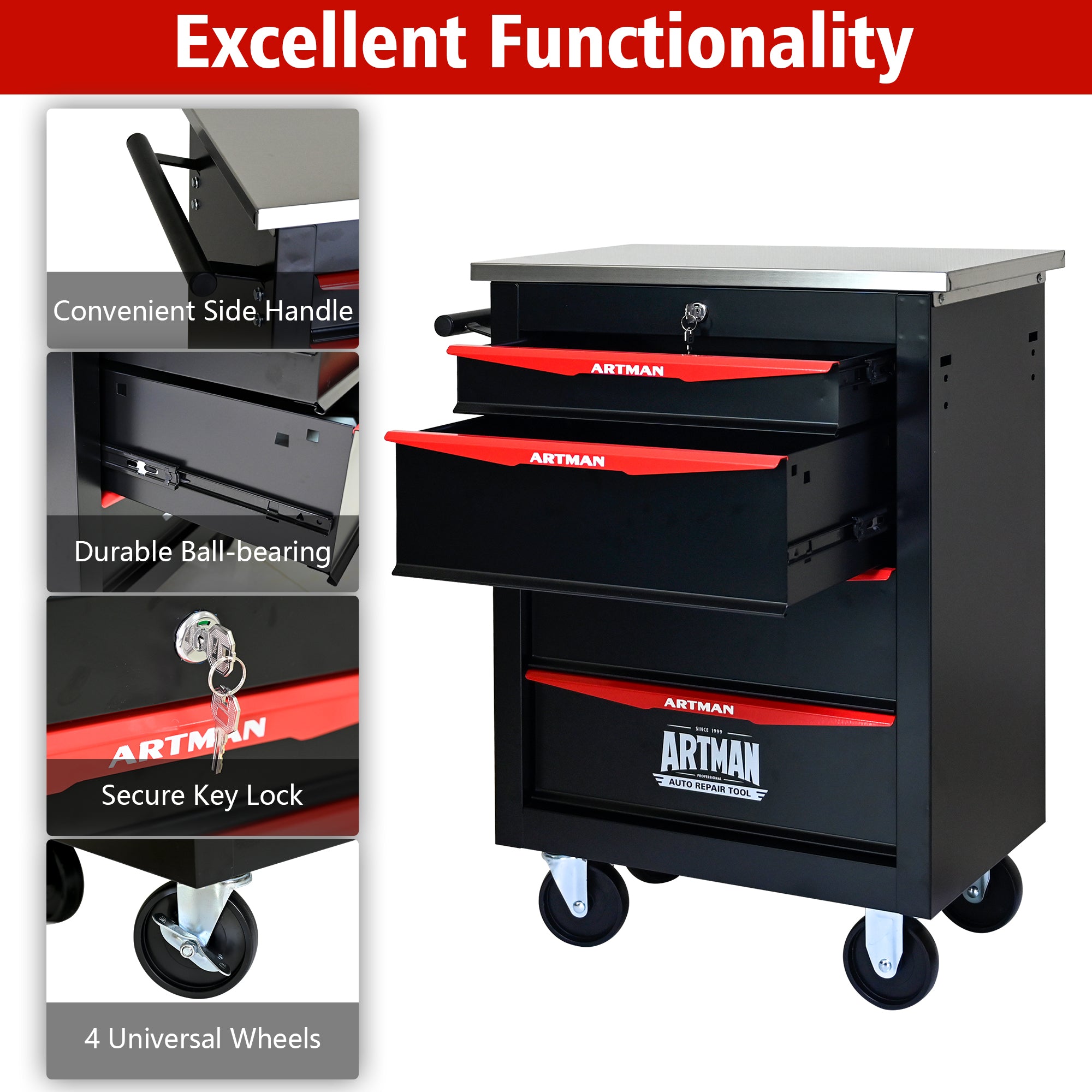 JXXRZ 4-Drawer Rolling Tool Cart with Wheels, Stainless Steel Top & Lock for Garage Workshop, Black&Red