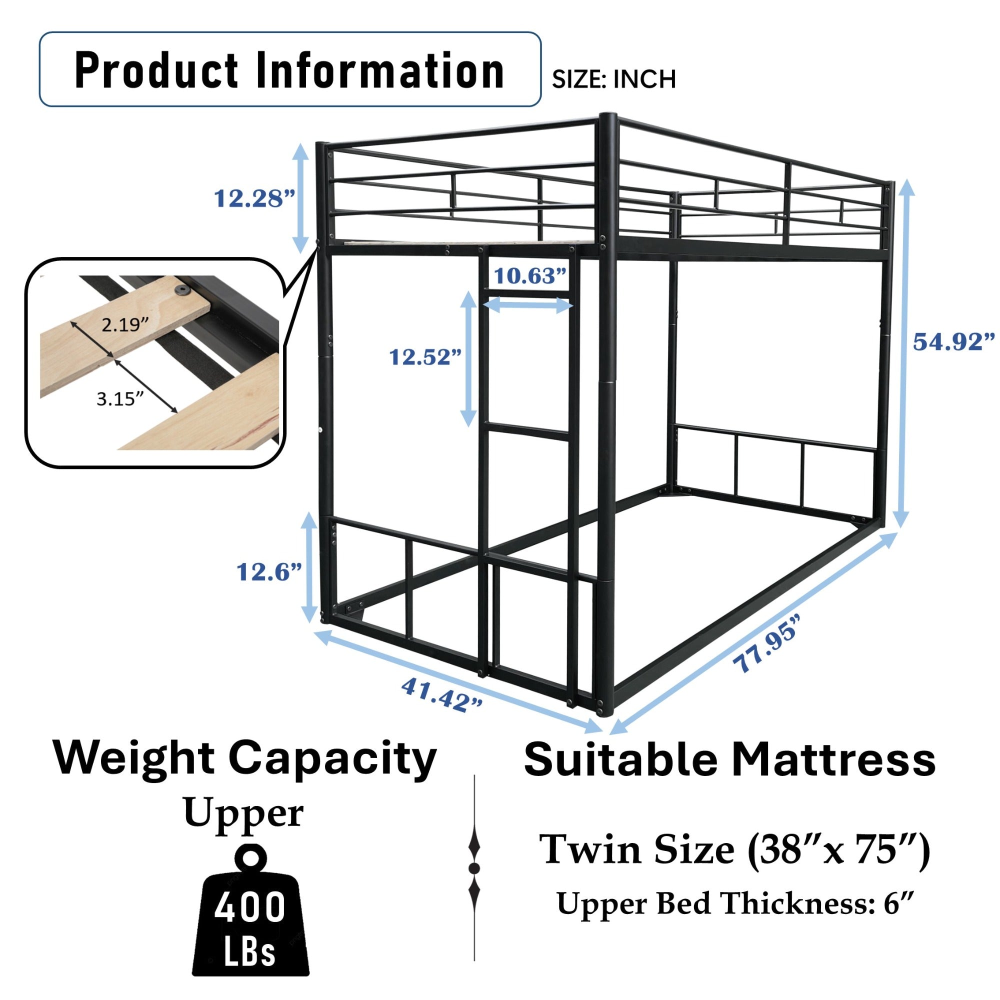 JXXRZ Metal Twin/Full Bunk Bed with Removable Stairs and 12" Storage, White
