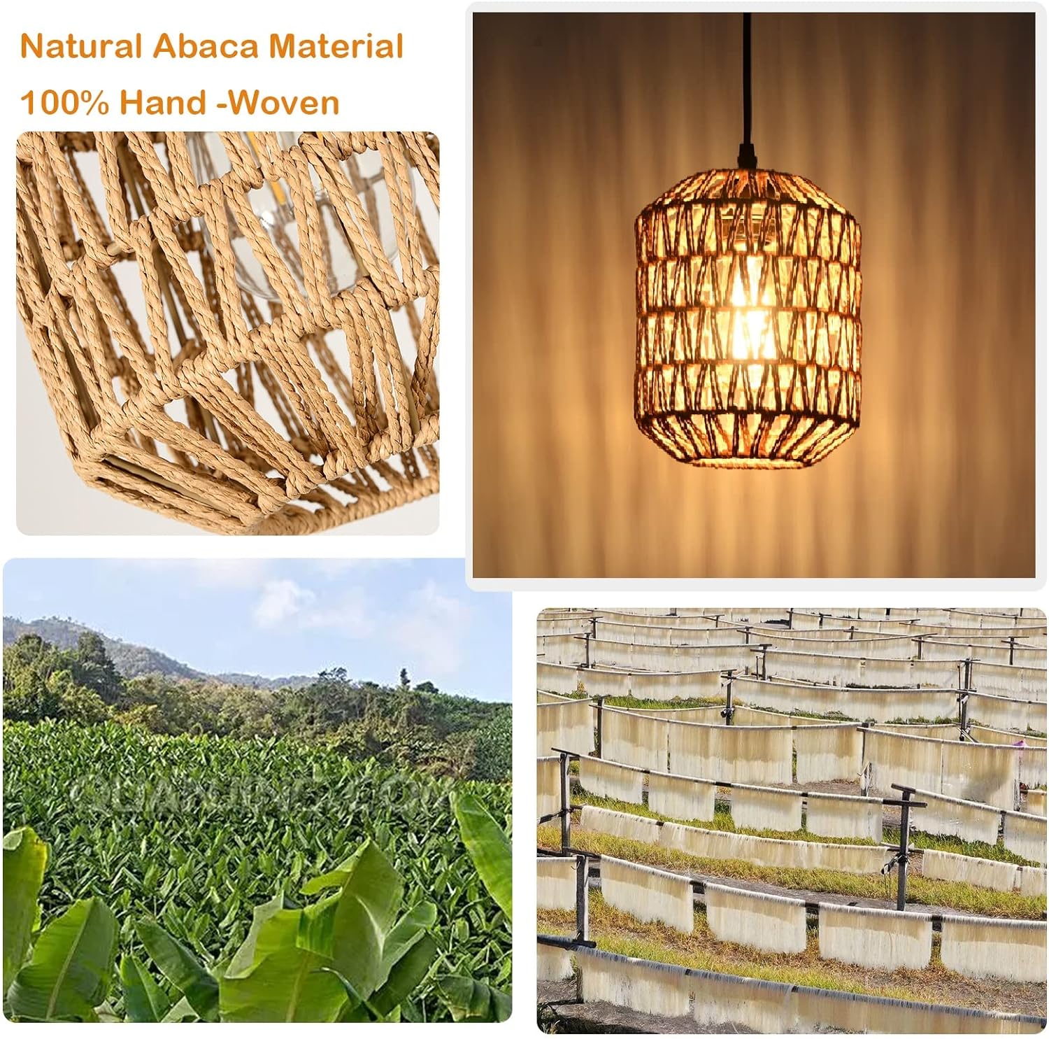 JXXRZ 16ft Plug-in Rattan Pendant Light with Dimmable LED, Boho Hanging Fixture for Bedroom/Patio