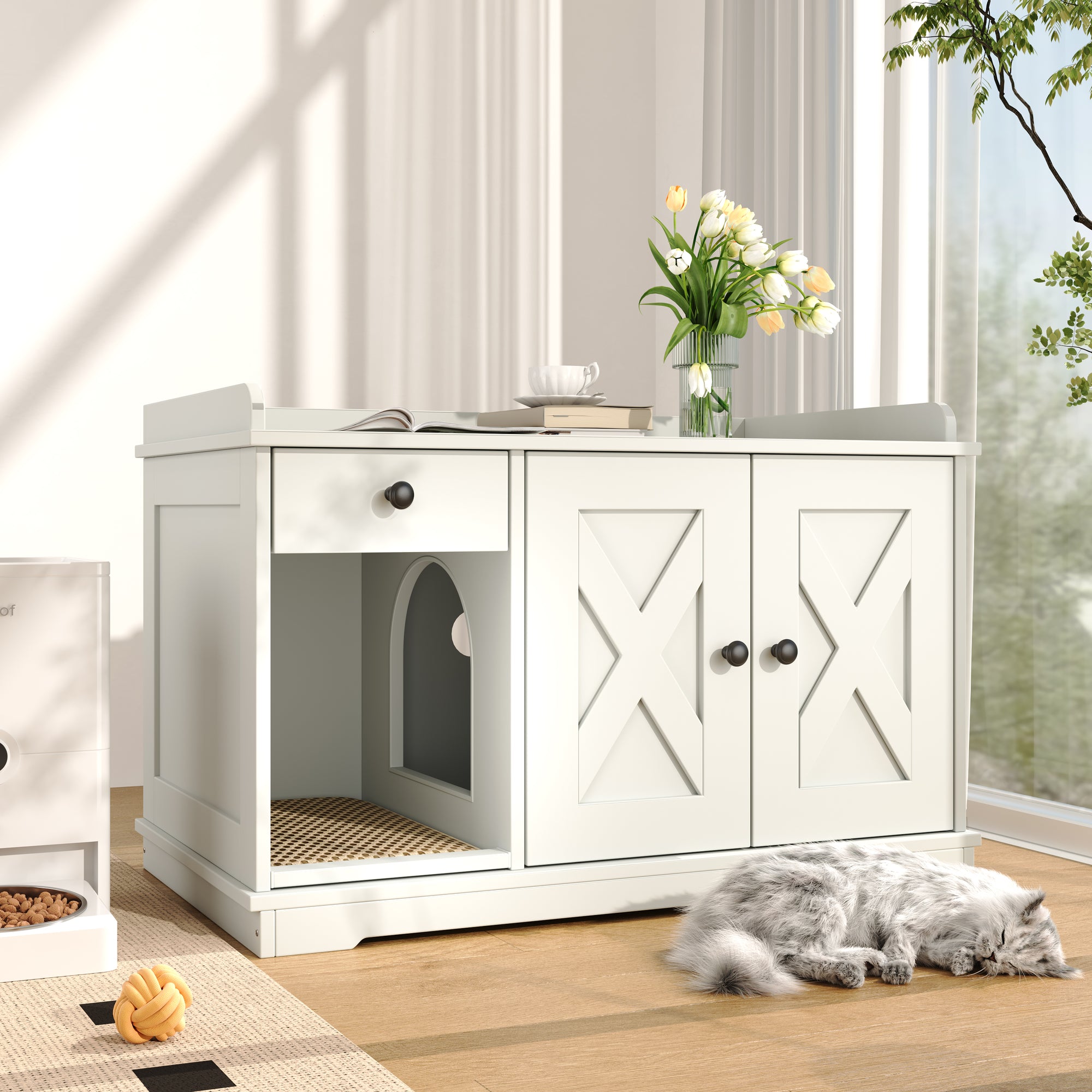 JXXRZ Farmhouse Cat Litter Box Enclosure, Hidden Litter Box Furniture with Storage Drawer, White
