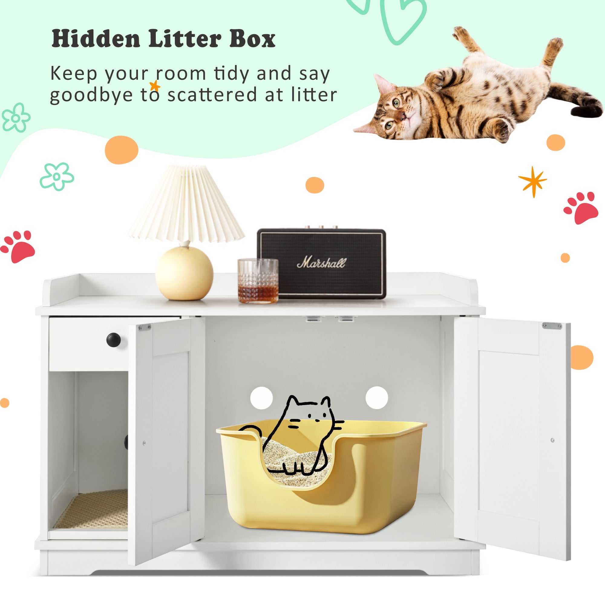 JXXRZ Farmhouse Cat Litter Box Enclosure, Hidden Litter Box Furniture with Storage Drawer, White