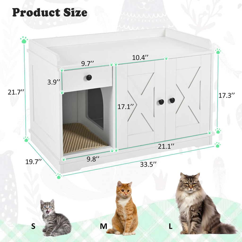 JXXRZ Farmhouse Cat Litter Box Enclosure, Hidden Litter Box Furniture with Storage Drawer, White