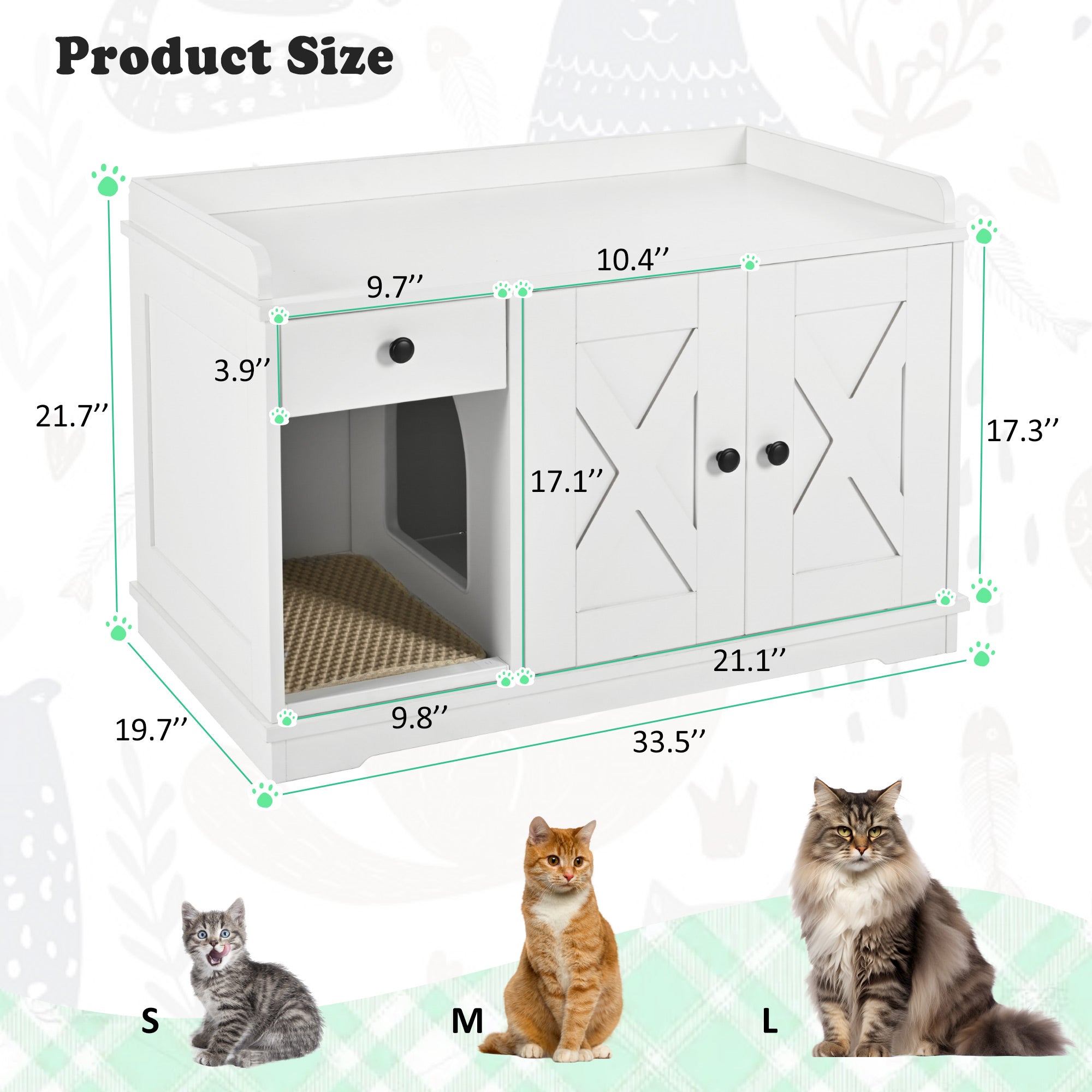 JXXRZ Farmhouse Cat Litter Box Enclosure, Hidden Litter Box Furniture with Storage Drawer, White