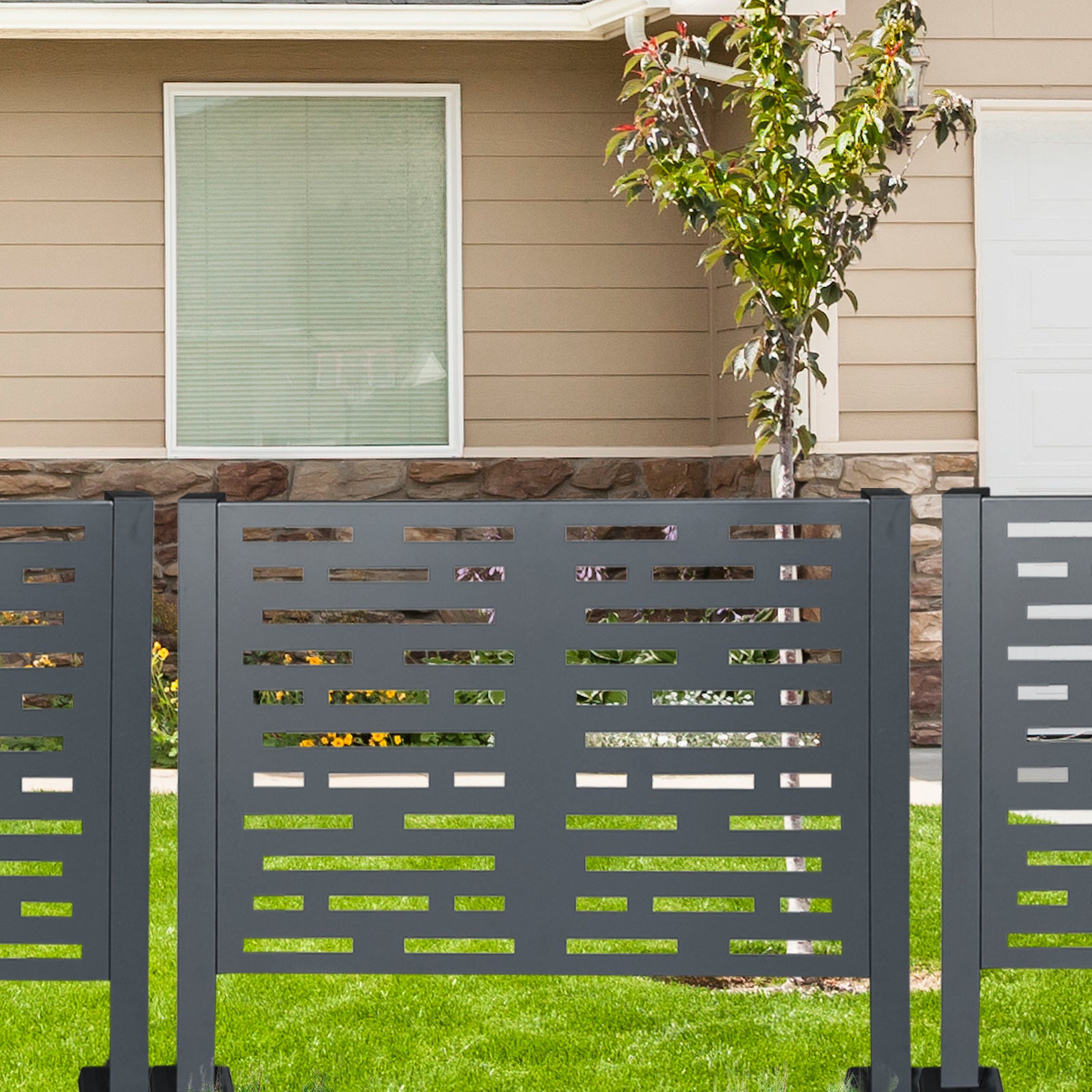 JXXRZ 4x2FT Air Conditioner Fence Metal Privacy Fence for Outdoor Units with 2 Planter Box, Charcoal Metal Screen